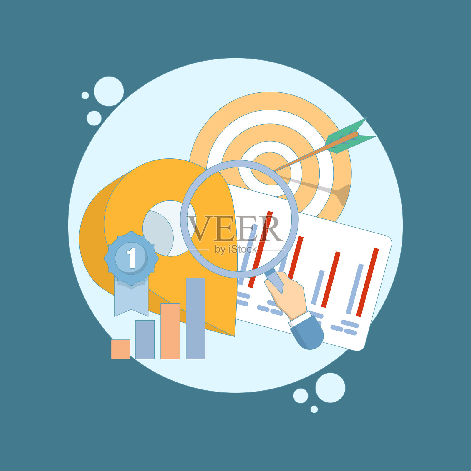 商店定位概念。寻找盈利地点、战略投资和投资回报率洞察。在线信息搜索。设备屏幕上显示本地定位标记和目标。扁平设计插图插画图片素材