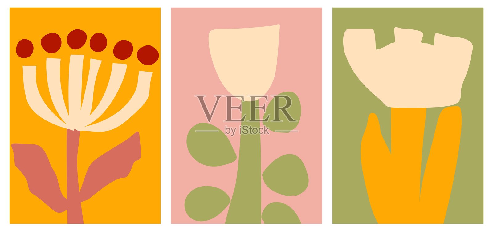 一组三幅抽象现代艺术剪纸花卉海报插画图片素材