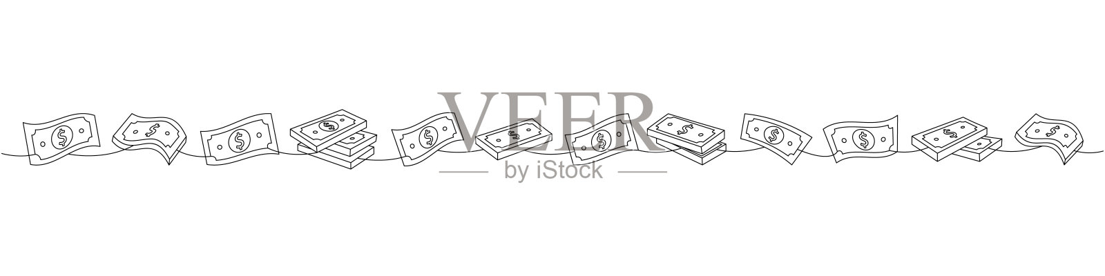 一笔连续画出的现金钱币图案。投资与金融。矢量插图。插画图片素材