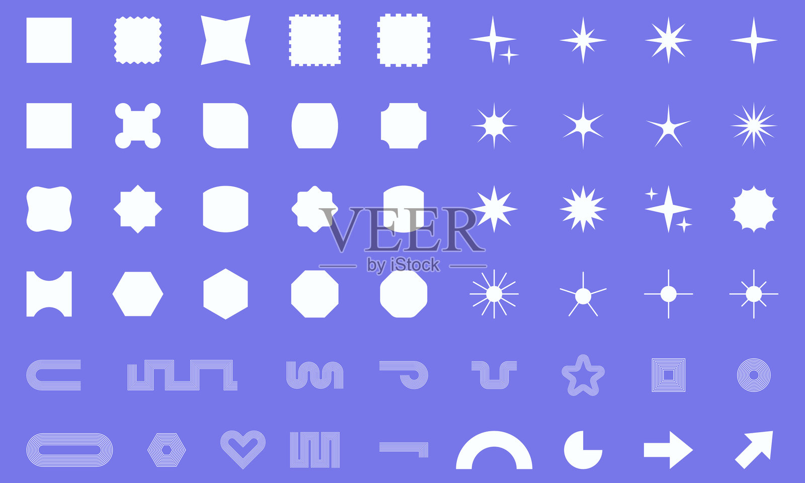 矢量抽象形状集合，几何形状套件 - 现代与复古美学的星形、椭圆形、螺旋形、花朵及其他原始设计元素。插画图片素材