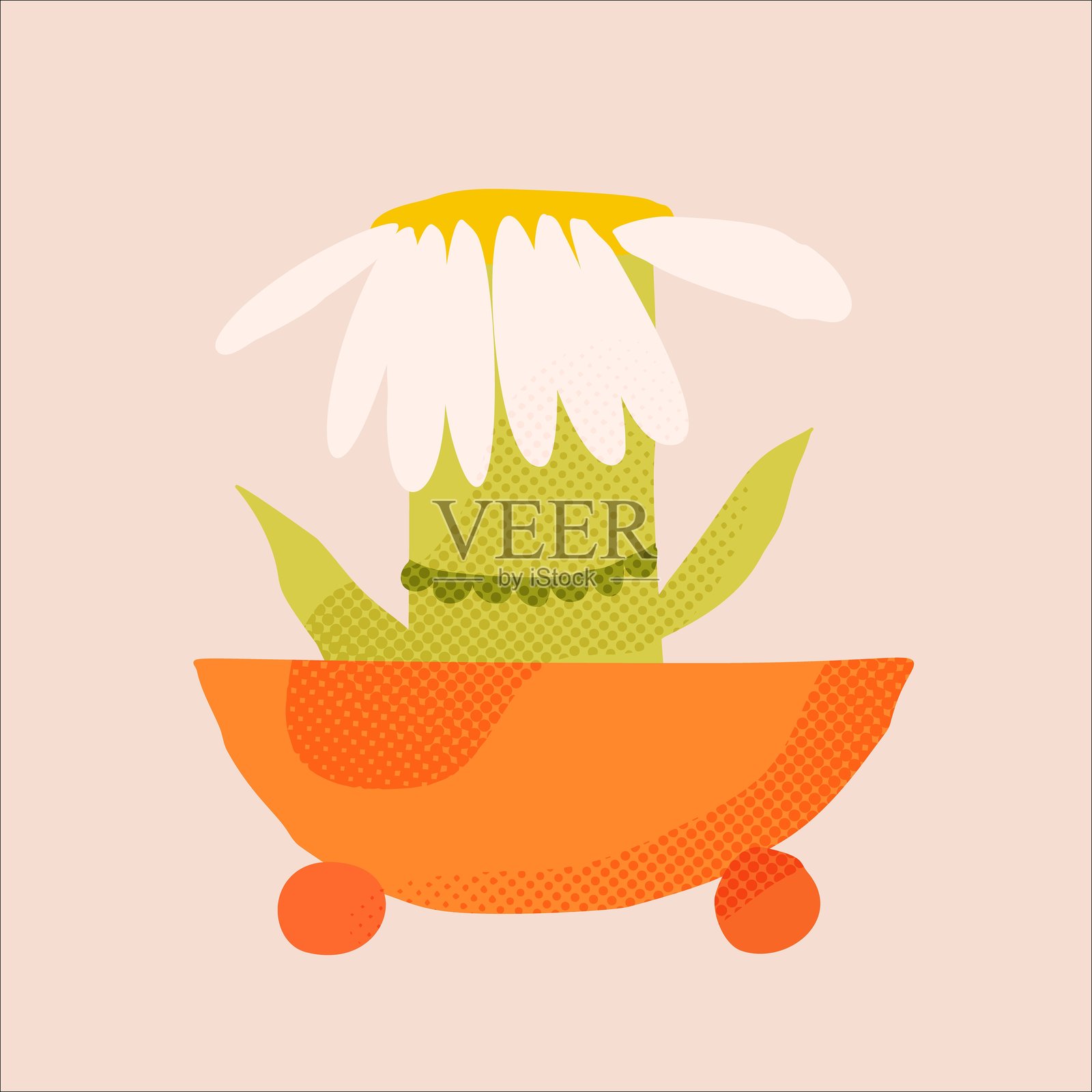 简单平面花瓶的矢量剪纸，带孔和花朵，半色调纹理拼贴插图插画图片素材