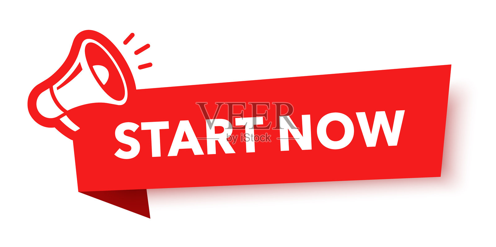 带有“现在开始”演讲气泡的扩音器。扬声器。用于商业、营销和广告的横幅。矢量插图。插画图片素材