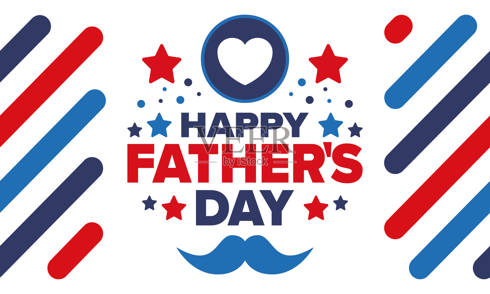 父亲节快乐。致敬父亲。六月的美好庆祝活动。最甜蜜的家庭节日。派对活动。胡子和心形。蓝色。创意艺术海报。矢量设计。插画图片素材