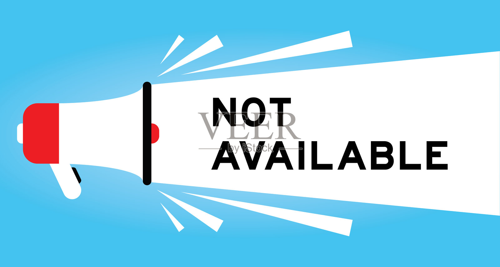 蓝色背景上带有“不可用”字样的彩色扩音器图标，白色横幅。插画图片素材