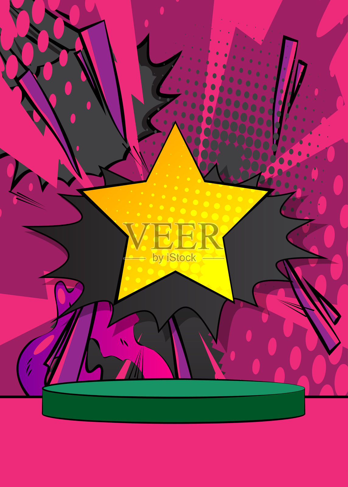 漫画书产品展示台用于模拟演示，背景为复古漫画风格，带有明星元素。插画图片素材