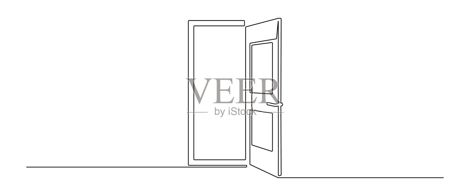 一笔画风格的打开的门。简单线条风格的房屋前门和后门。可编辑线条的未来机会概念。手绘矢量插图。插画图片素材