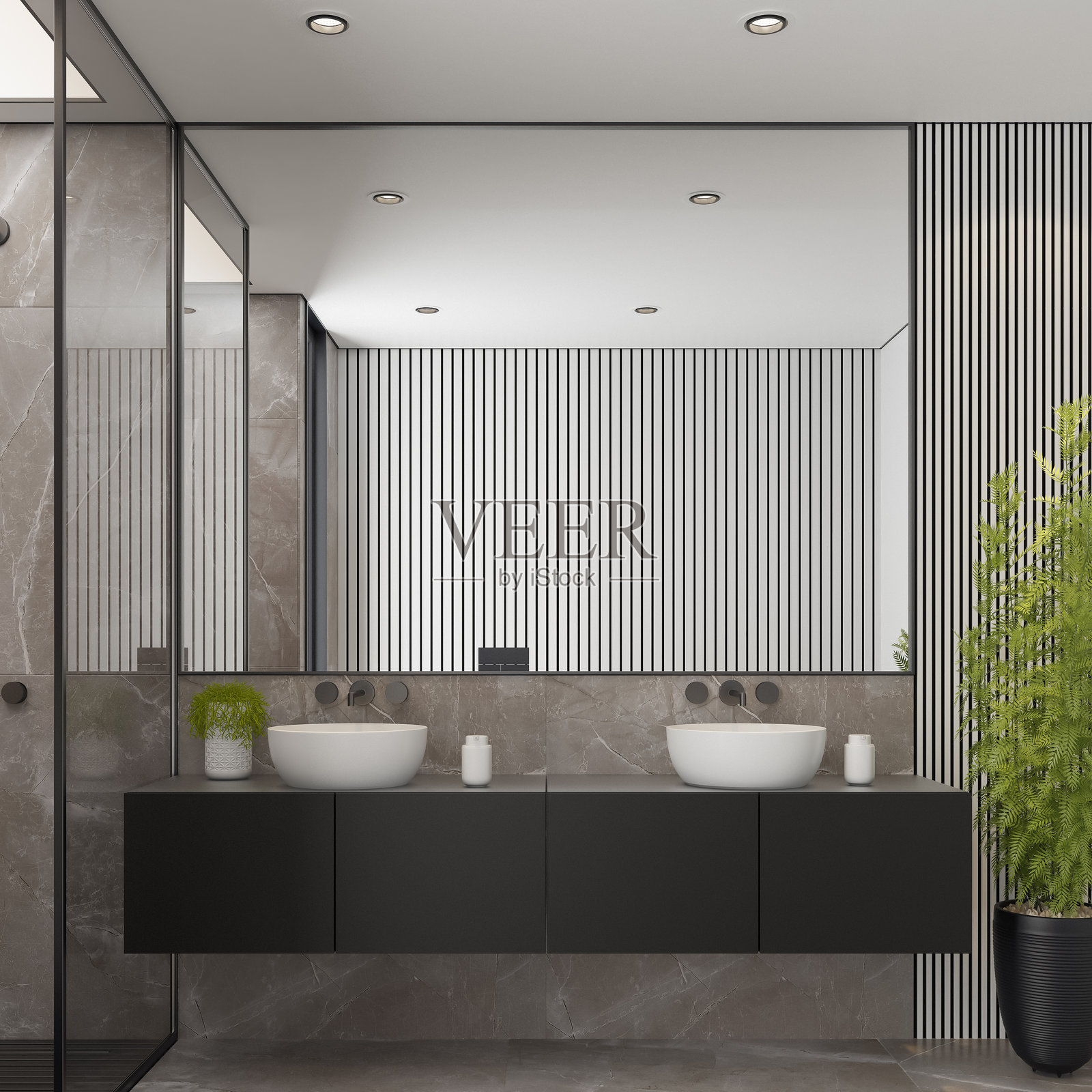 现代浴室配有步入式淋浴和自然绿色装饰照片摄影图片