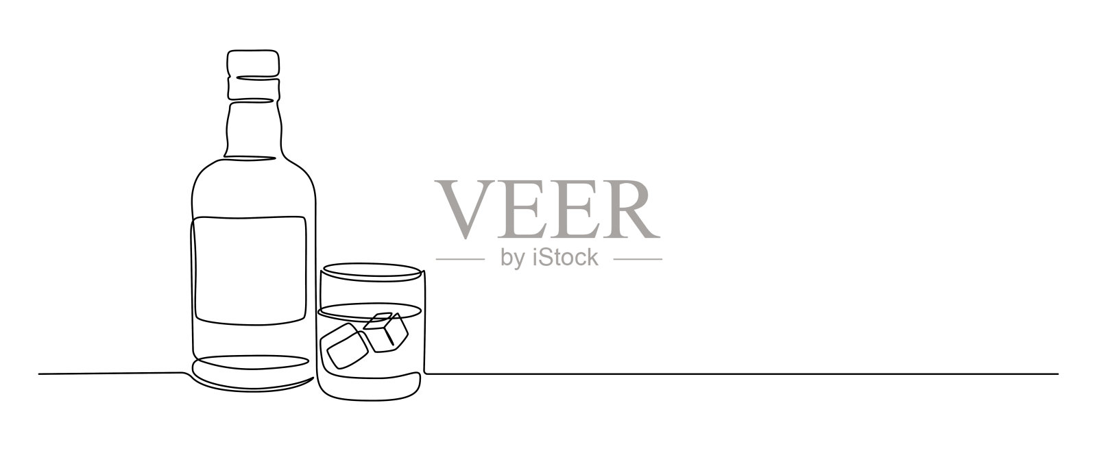 一条连续线条绘制的玻璃和威士忌瓶。简单线条风格的威士忌和酒类饮品，配有冰块，适用于酒水菜单。可编辑的线条。涂鸦风格的矢量插图。插画图片素材