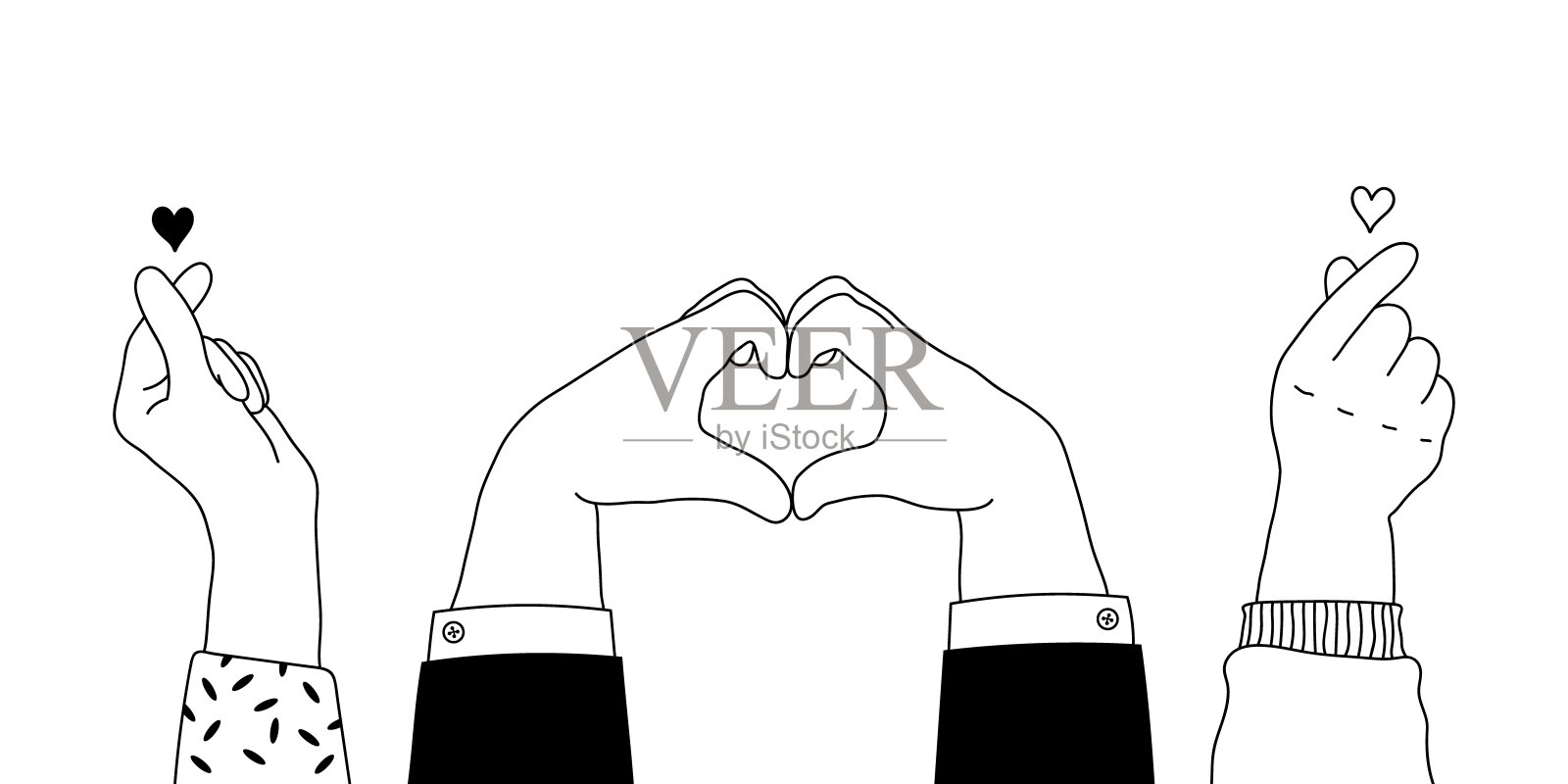 爱心手势图案集，采用涂鸦风格。人类手部素描，手臂抬起，做出心形手指符号和韩国心形手势，背景为白色，矢量插图。插画图片素材