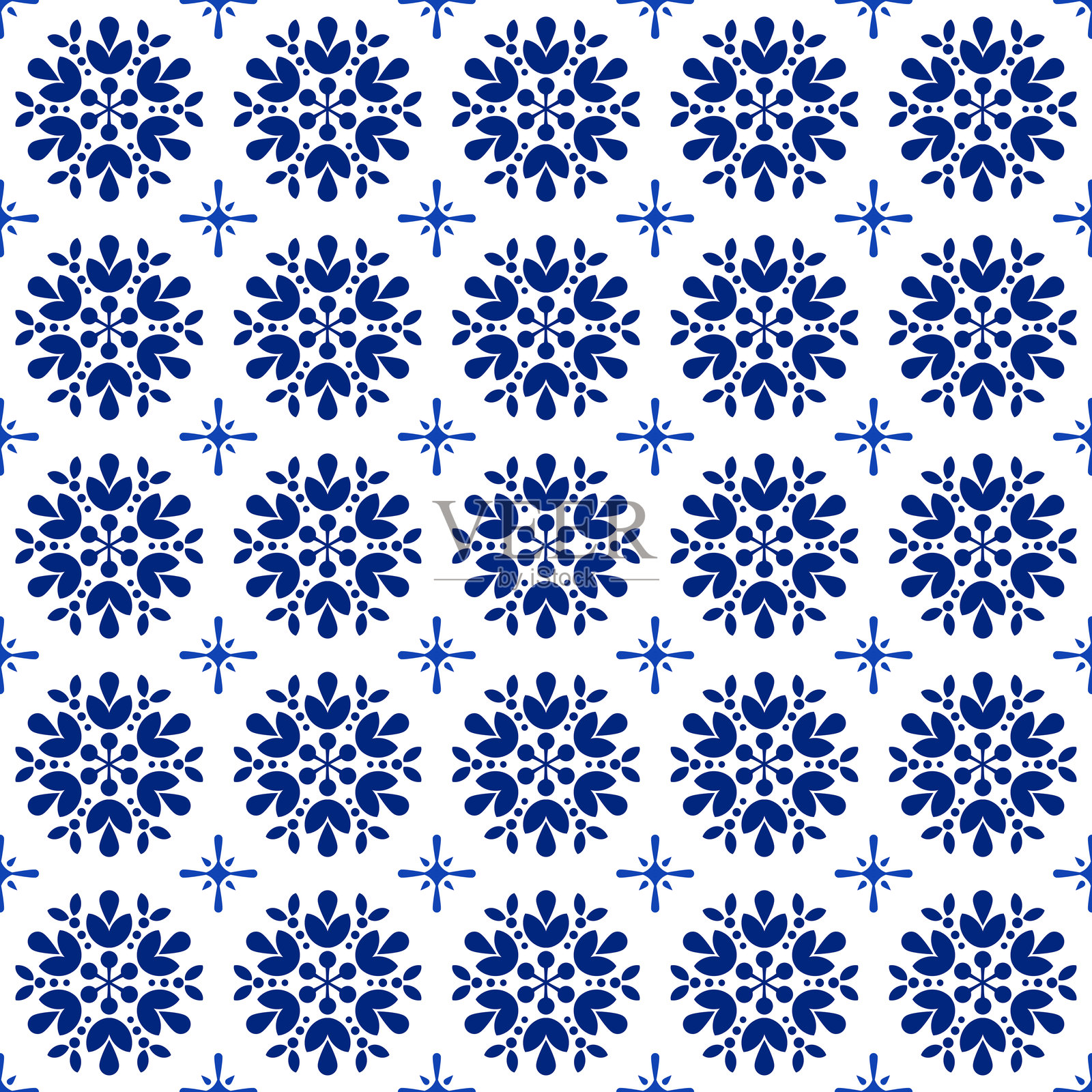 无缝手绘蓝白民俗瓷砖图案。灵感来源于传统地中海陶瓷。非常适合用于面料、壁纸、包装、文具和优雅的复古风格设计。插画图片素材