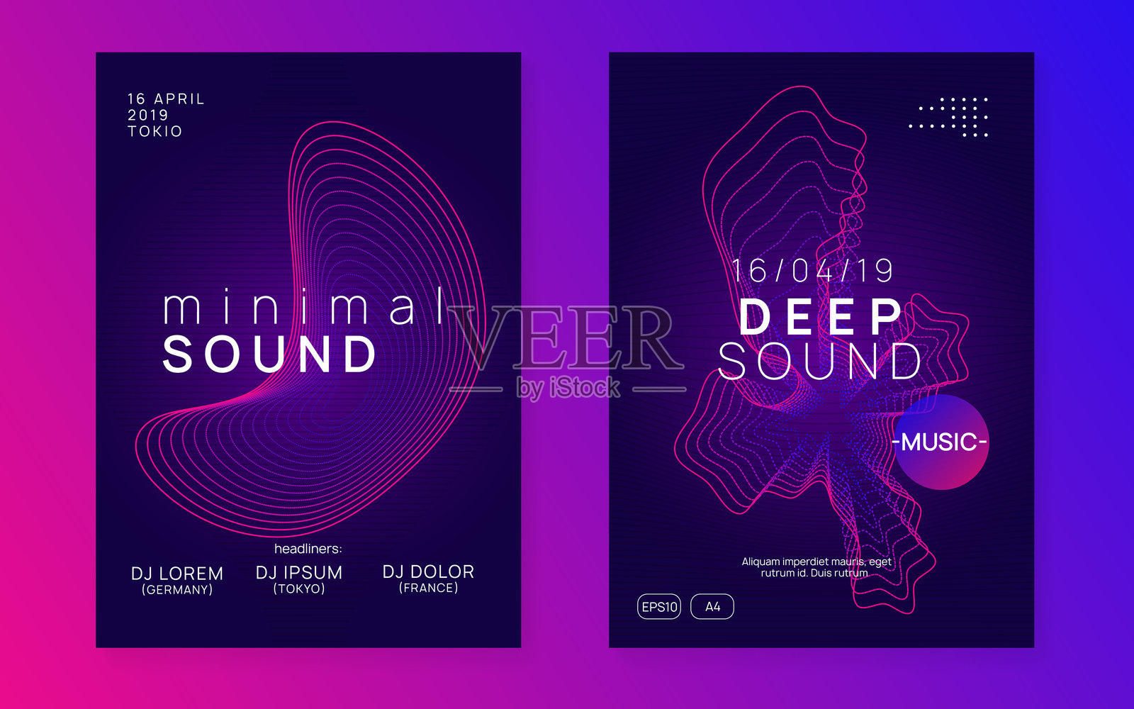 夜总会传单。紫色节日横幅。迷幻封面。音乐会模板。迪斯科活动。蓝色DJ海报。迷幻音频插图。绿色夜总会传单。插画图片素材