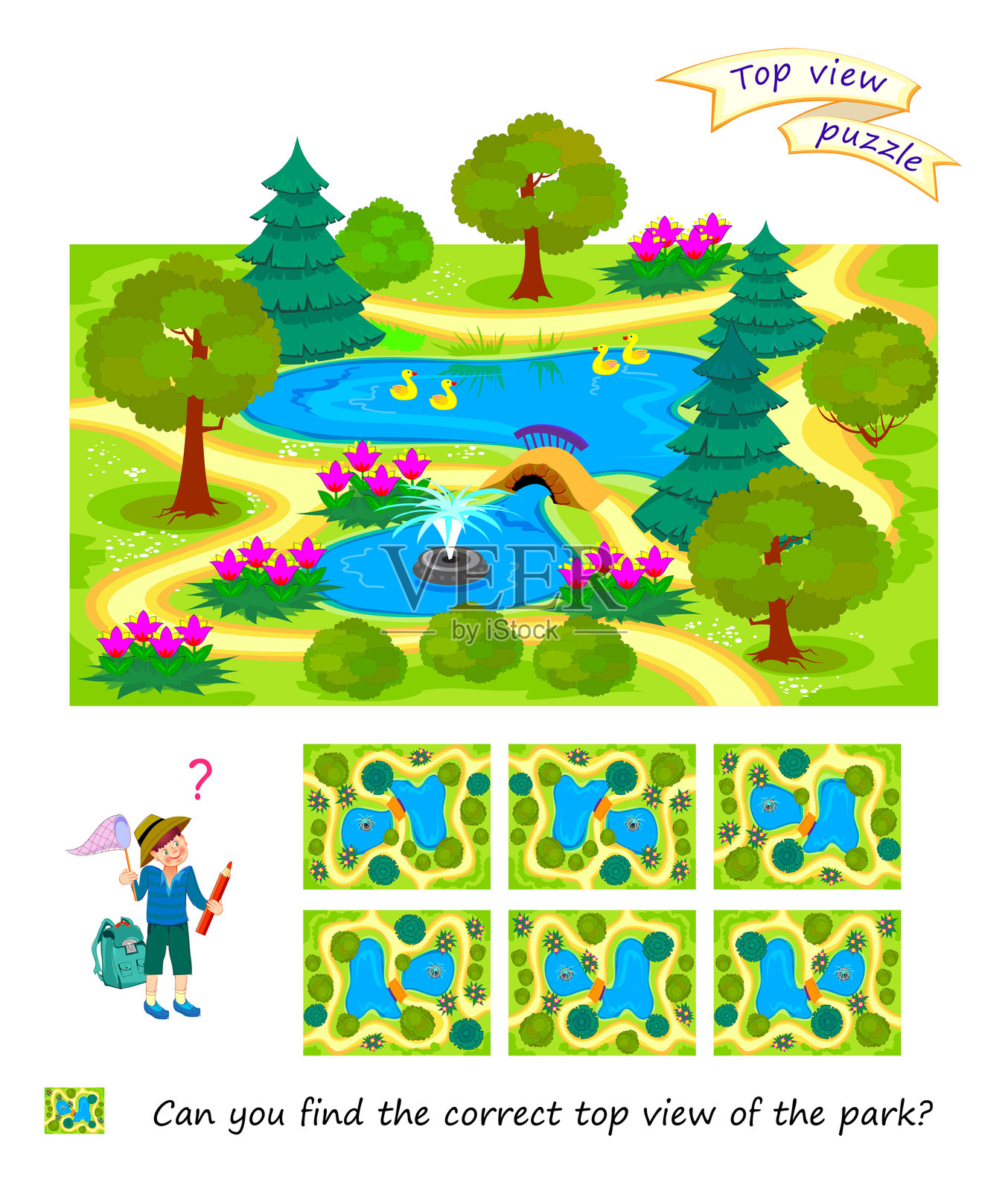 适合儿童和成人的逻辑谜题游戏。你能找到公园的正确俯视图吗？3D迷宫。可打印页面，用于脑筋急转弯书籍。培养空间思维。智商测试。平面矢量插图。插画图片素材