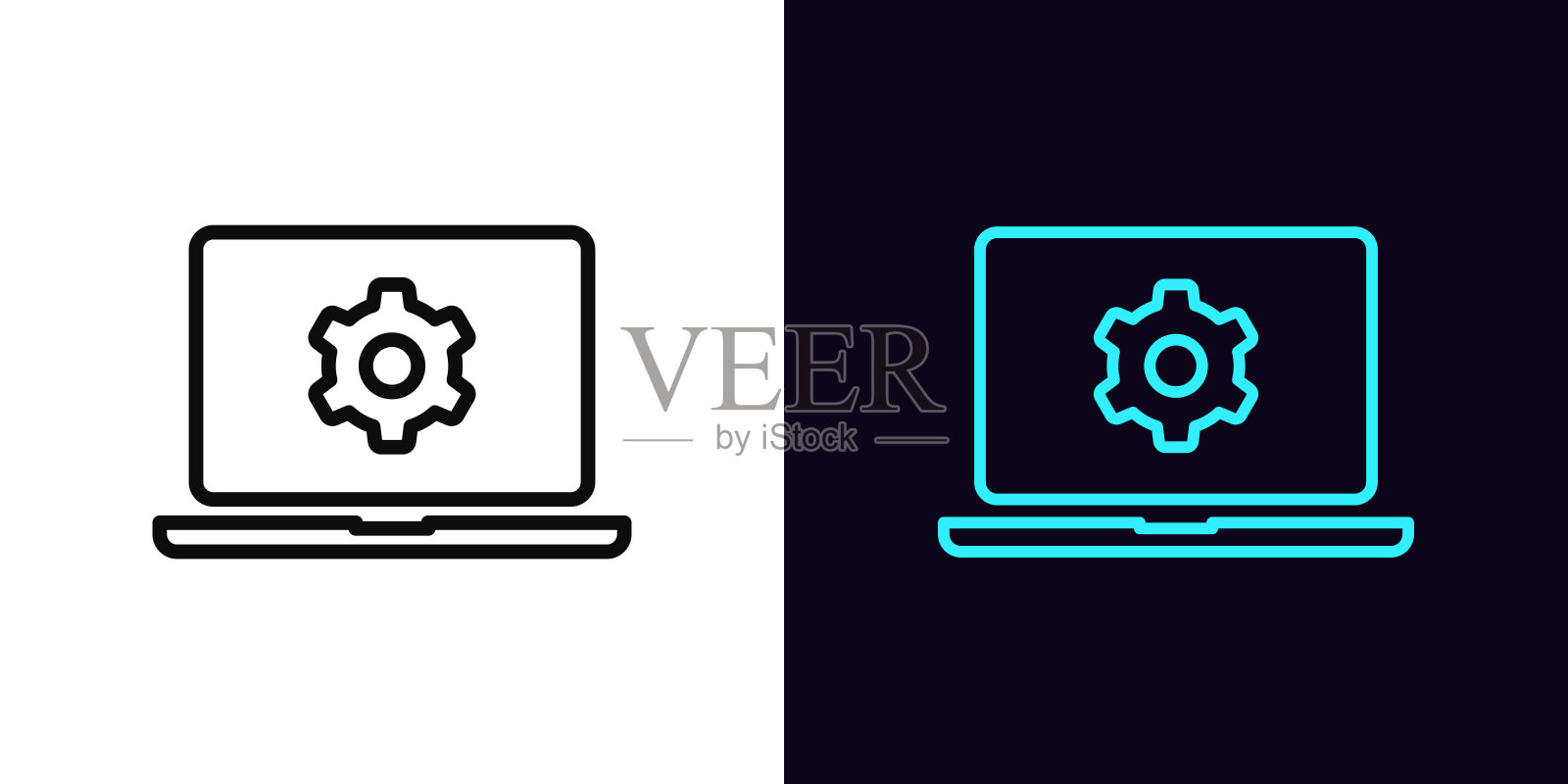 可编辑轮廓的笔记本电脑设置图标。笔记本电脑自定义图标，计算机系统配置。笔记本电脑工作优化，系统设置，软件更新，计算机服务。矢量图标。插画图片素材