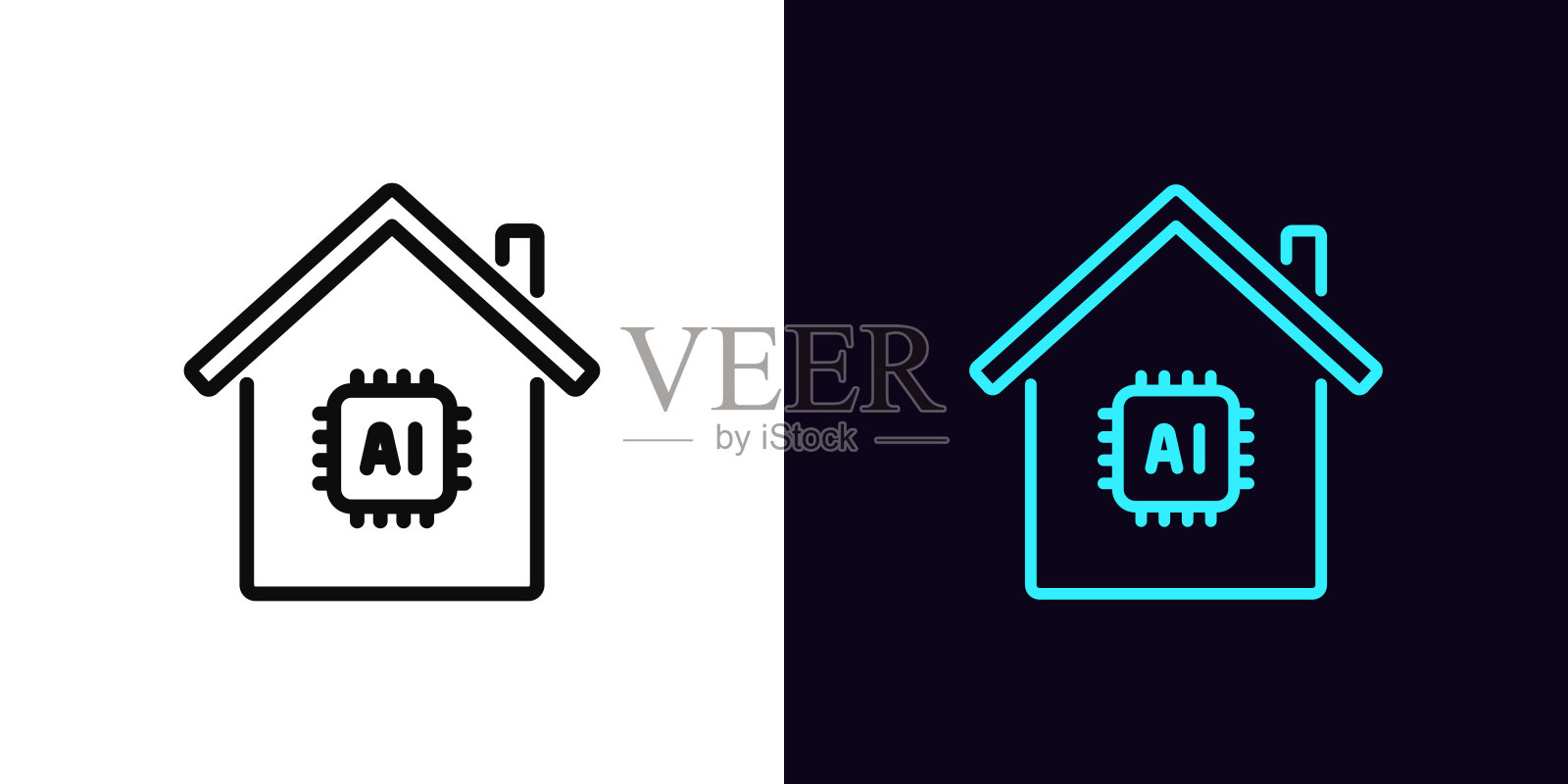 带可编辑轮廓的AI家居图标，内置AI系统控制的房屋图标，集成用于建筑管理的人工智能。智能AI算法的家庭安全。矢量图标。插画图片素材