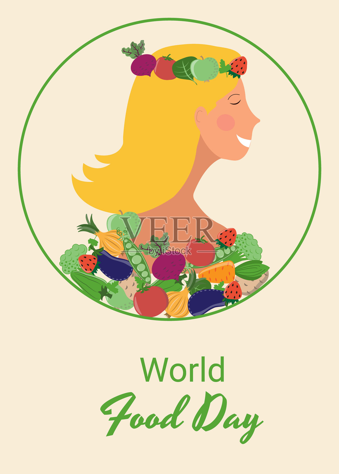 世界粮食日，金发女孩戴着水果花环，穿着由蔬菜和水果制成的衣服插画图片素材
