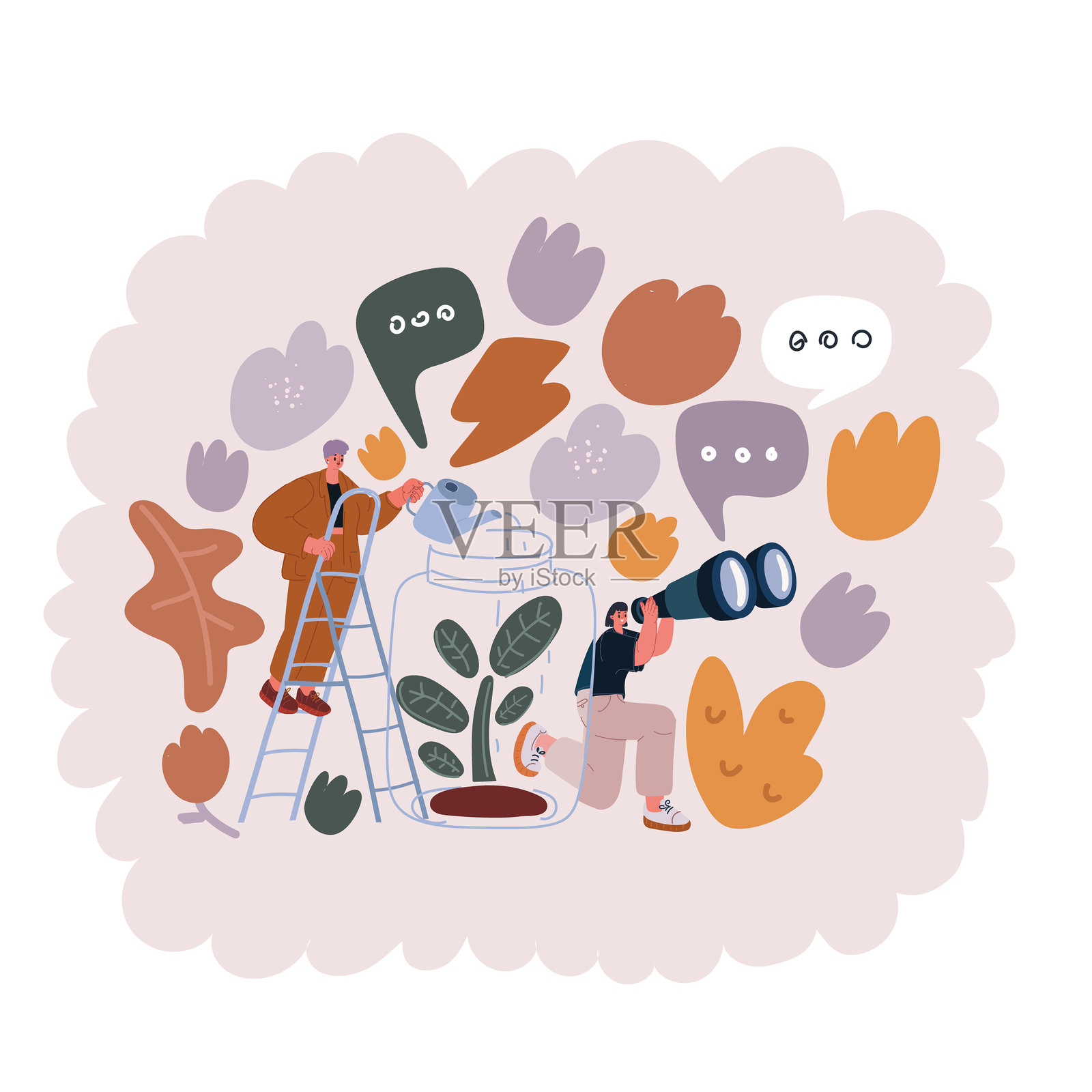 团队合作愿景路径目标成功的矢量插图。研究公司工作寻找发展途径。人们站在利润、增长的箭头前，使用望远镜和大望远镜寻找和发展新想法。插画图片素材