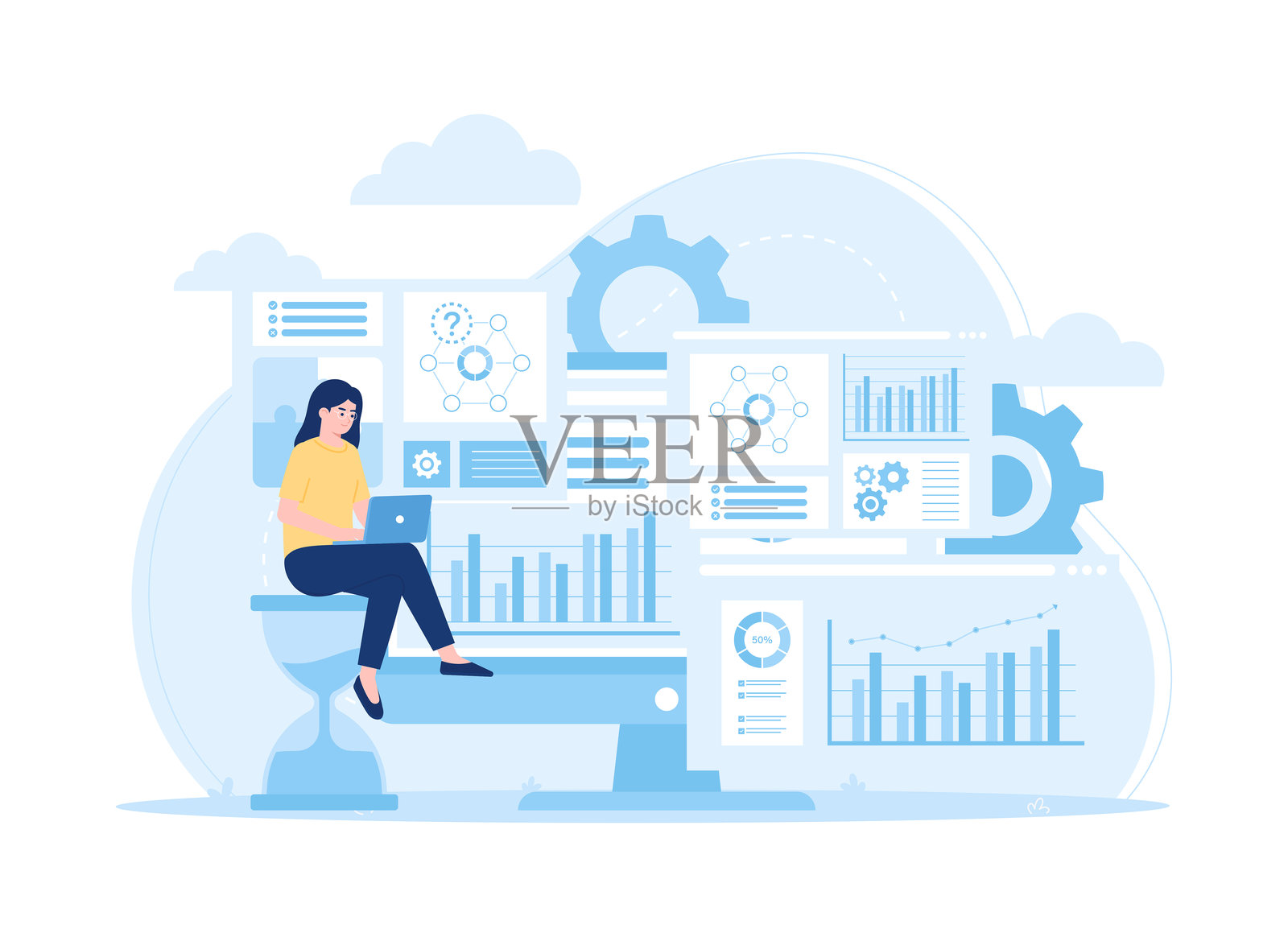 使用笔记本电脑分析商业概念的流行扁平插图插画图片素材