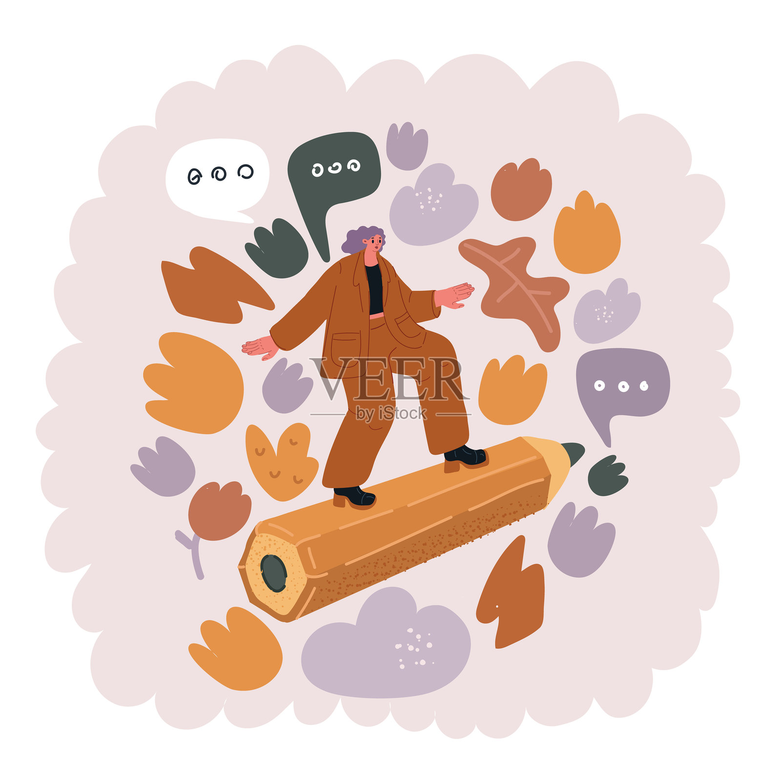 女性骑在大铅笔上，乘坐铅笔火箭飞向工作成功和目标达成的插图。概念包括记者、博主、作家、艺术家和文案撰稿人。插画图片素材