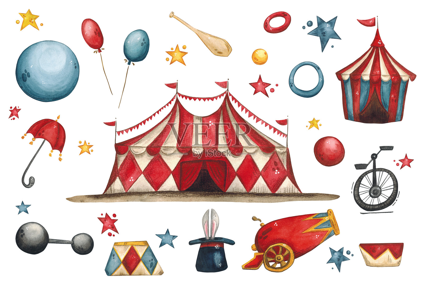 一套马戏团道具：帐篷、球、保龄球、炮、哑铃、雨伞、帽子、独轮车插画图片素材