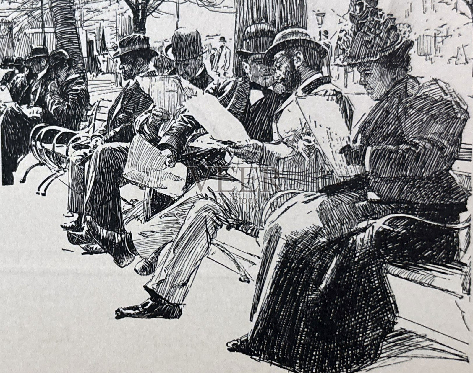 古老插图 - 西班牙战争 - 1898年战争 - 一群人坐在公园长椅上阅读报纸插画图片素材