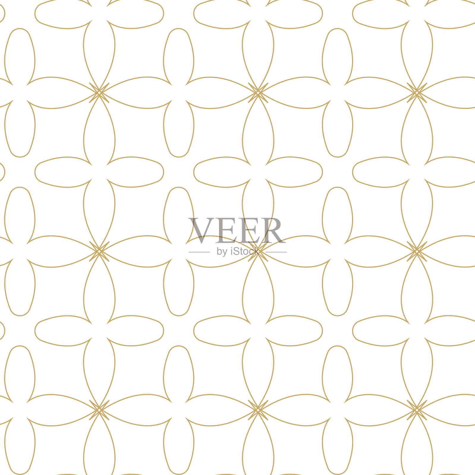 无缝抽象几何图案，金色线条、方形和形状在白色背景上。插画图片素材