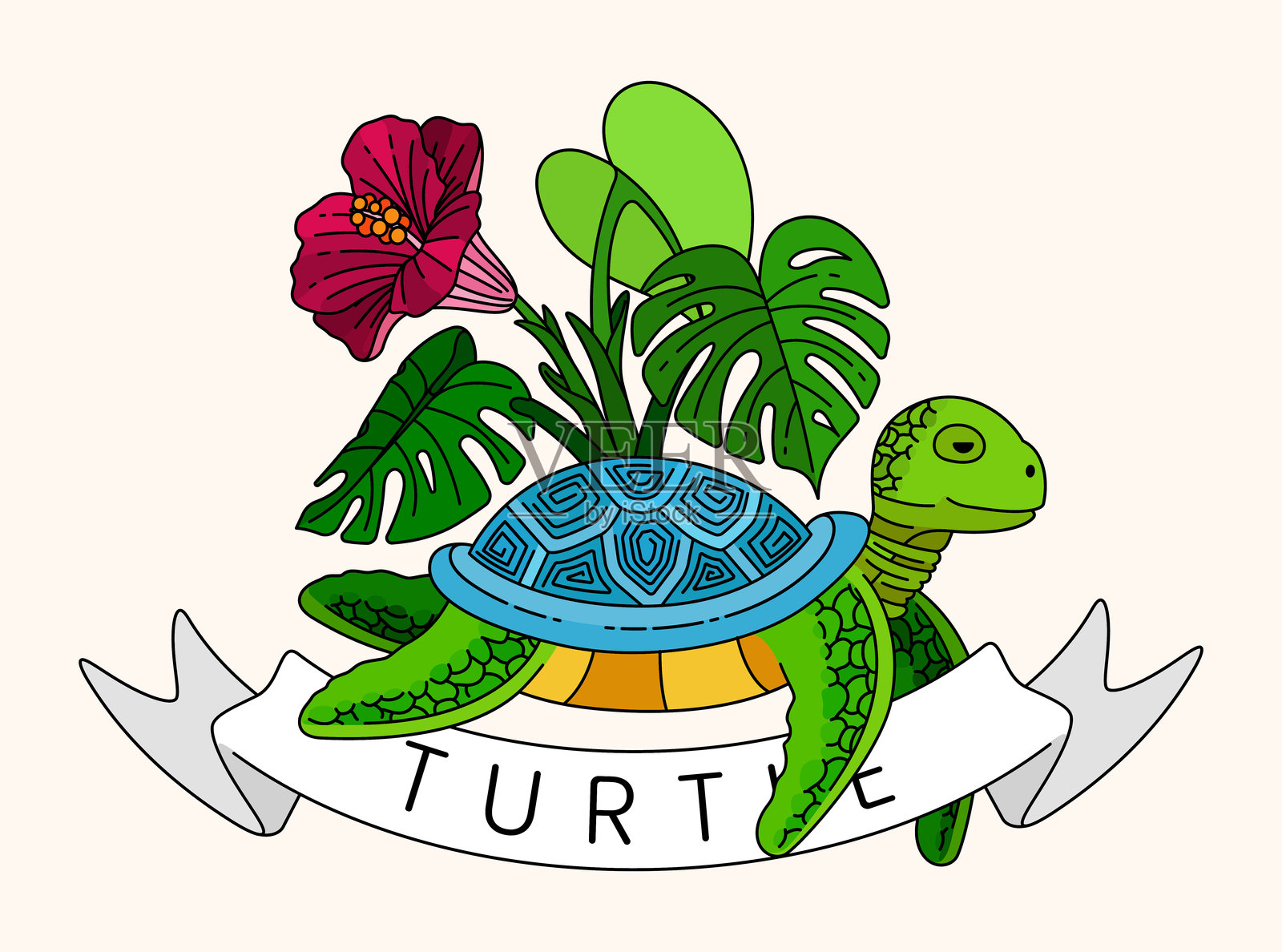 复古线条艺术风格的海龟插图，配有芋头叶、龟背竹和木槿花，捕捉热带夏季海滩生活的精髓。非常适合夏季贺卡、海报和网站使用。插画图片素材