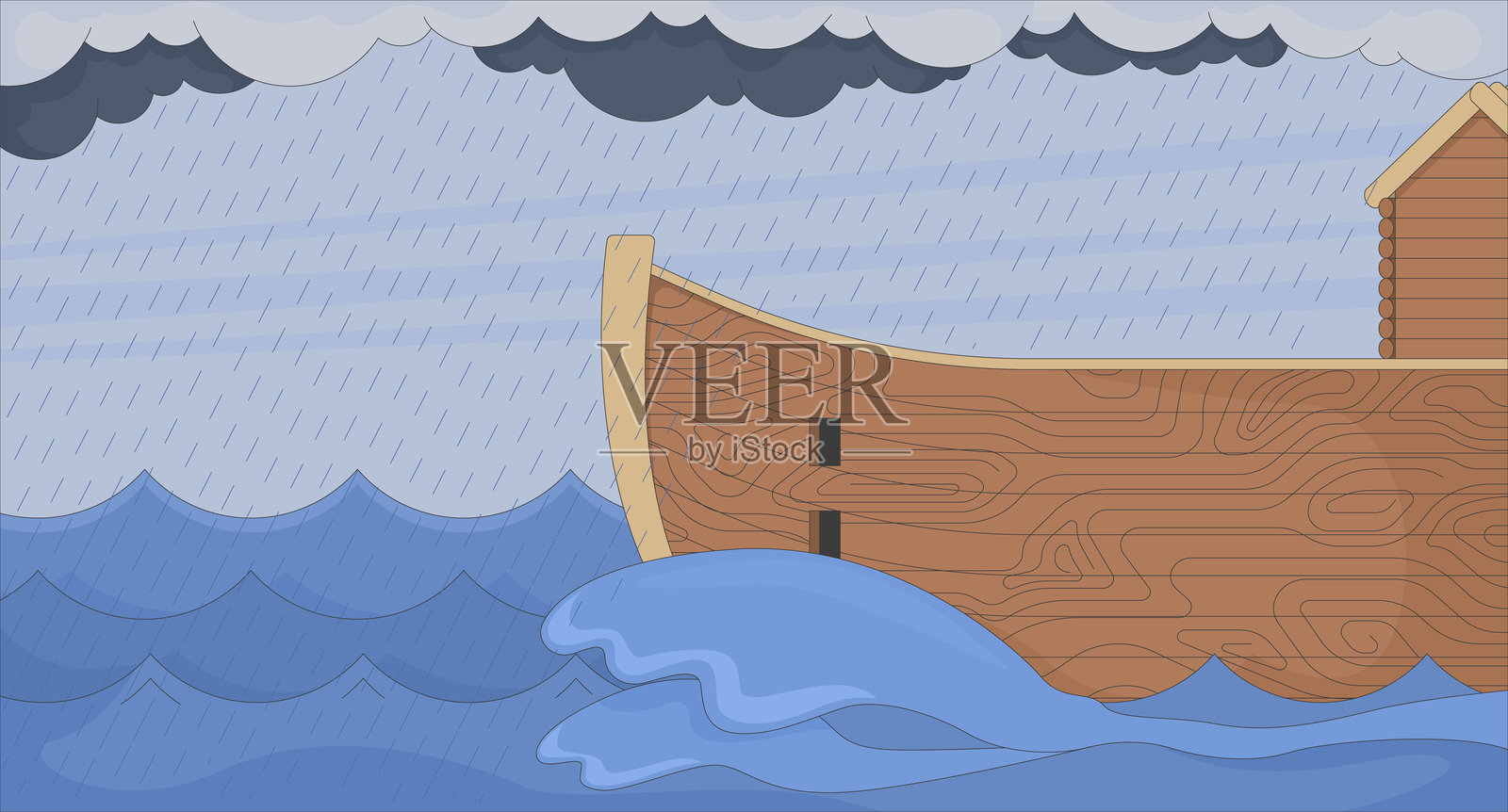 在暴风雨中，木制方舟漂浮在波涛汹涌的海面上的扁平插图背景插画图片素材