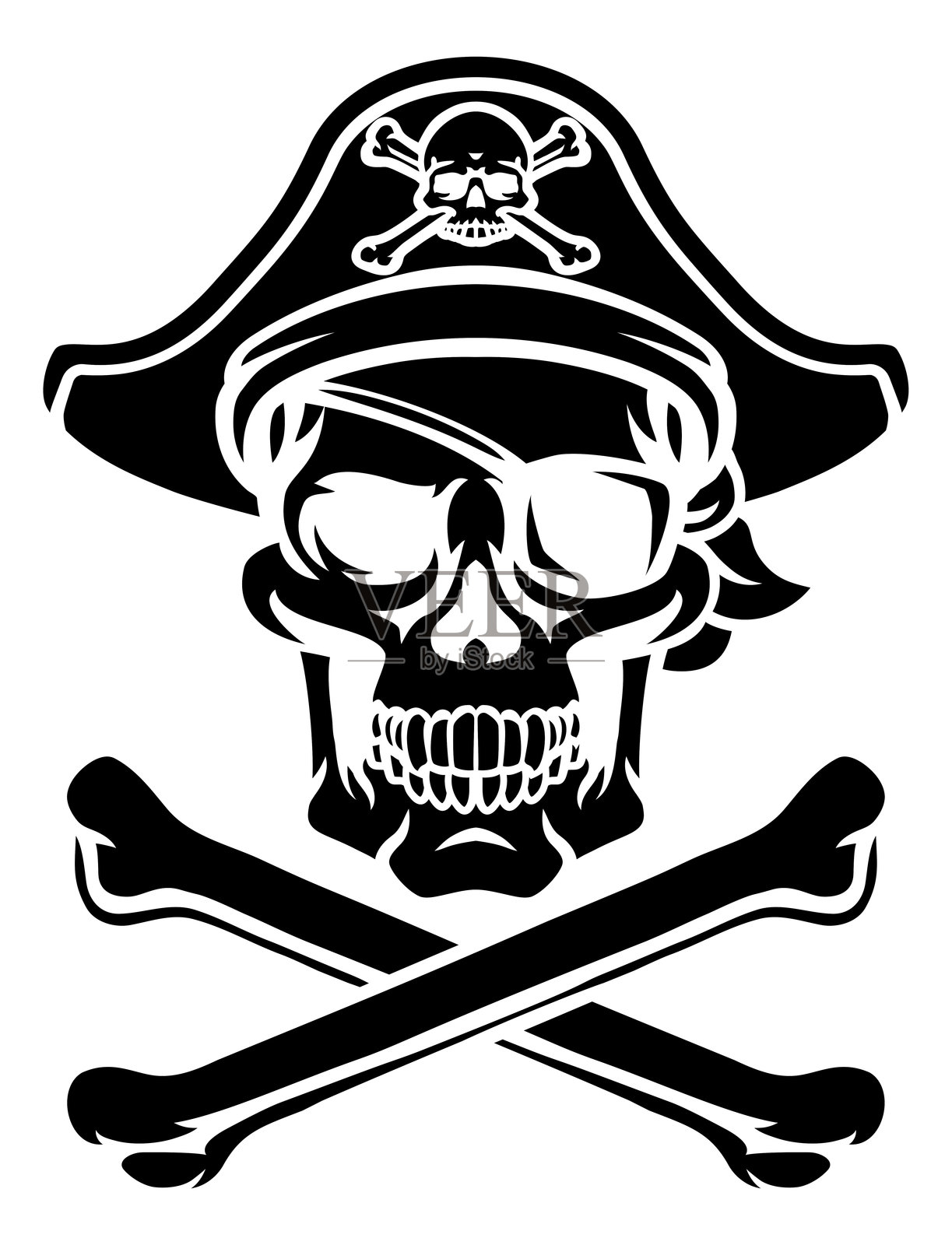 海盗帽骷髅与交叉骨头卡通图案插画图片素材