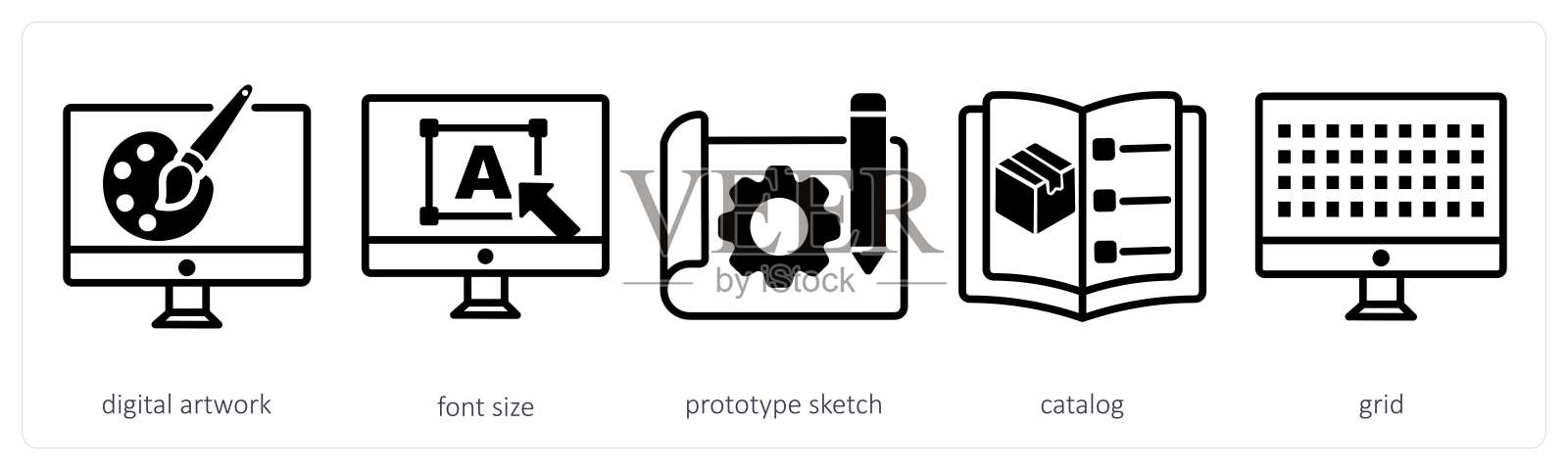 一组5个设计图标作为数字艺术作品，字体大小，原型草图插画图片素材
