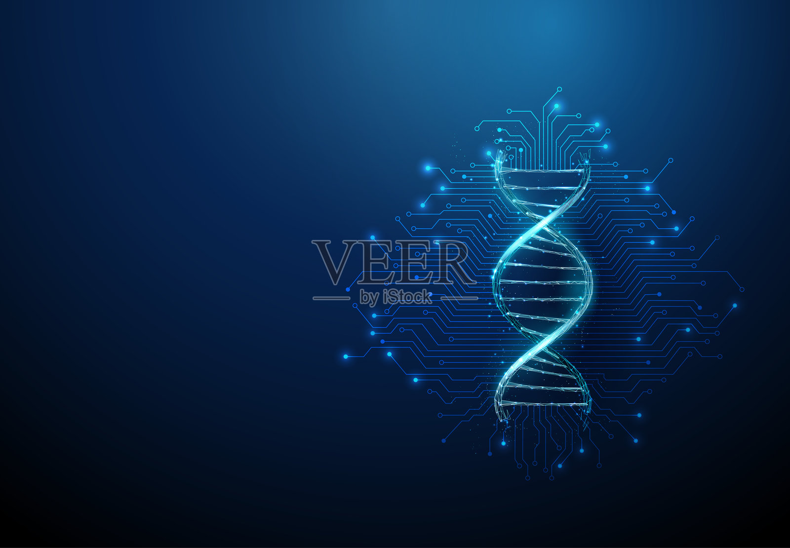 未来派DNA链与电子电路线背景，基因工程，人工智能驱动的医疗概念插画图片素材