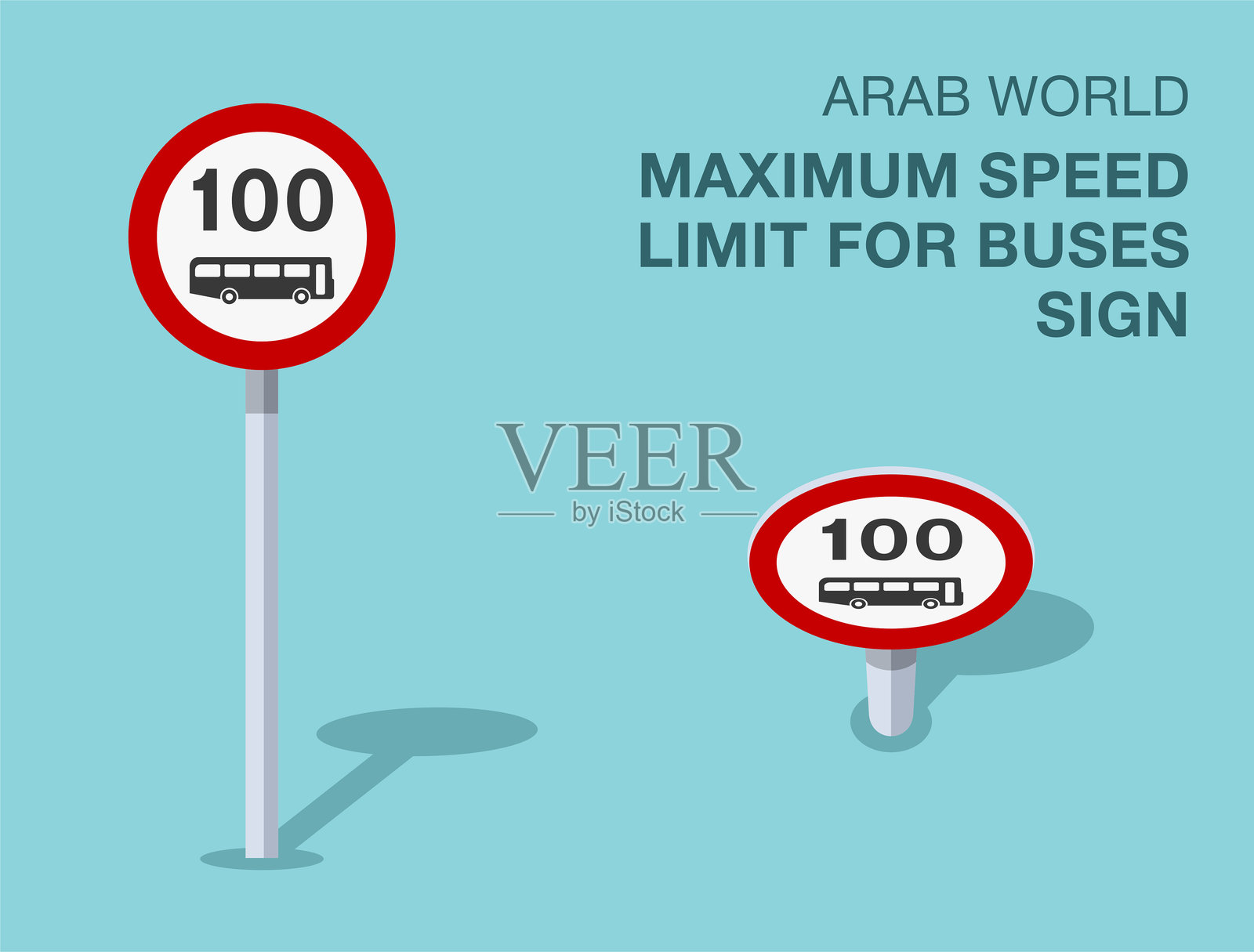 交通规则。孤立的阿拉伯世界“公交车最高限速”路标。正面和顶部视图。矢量插图模板。插画图片素材
