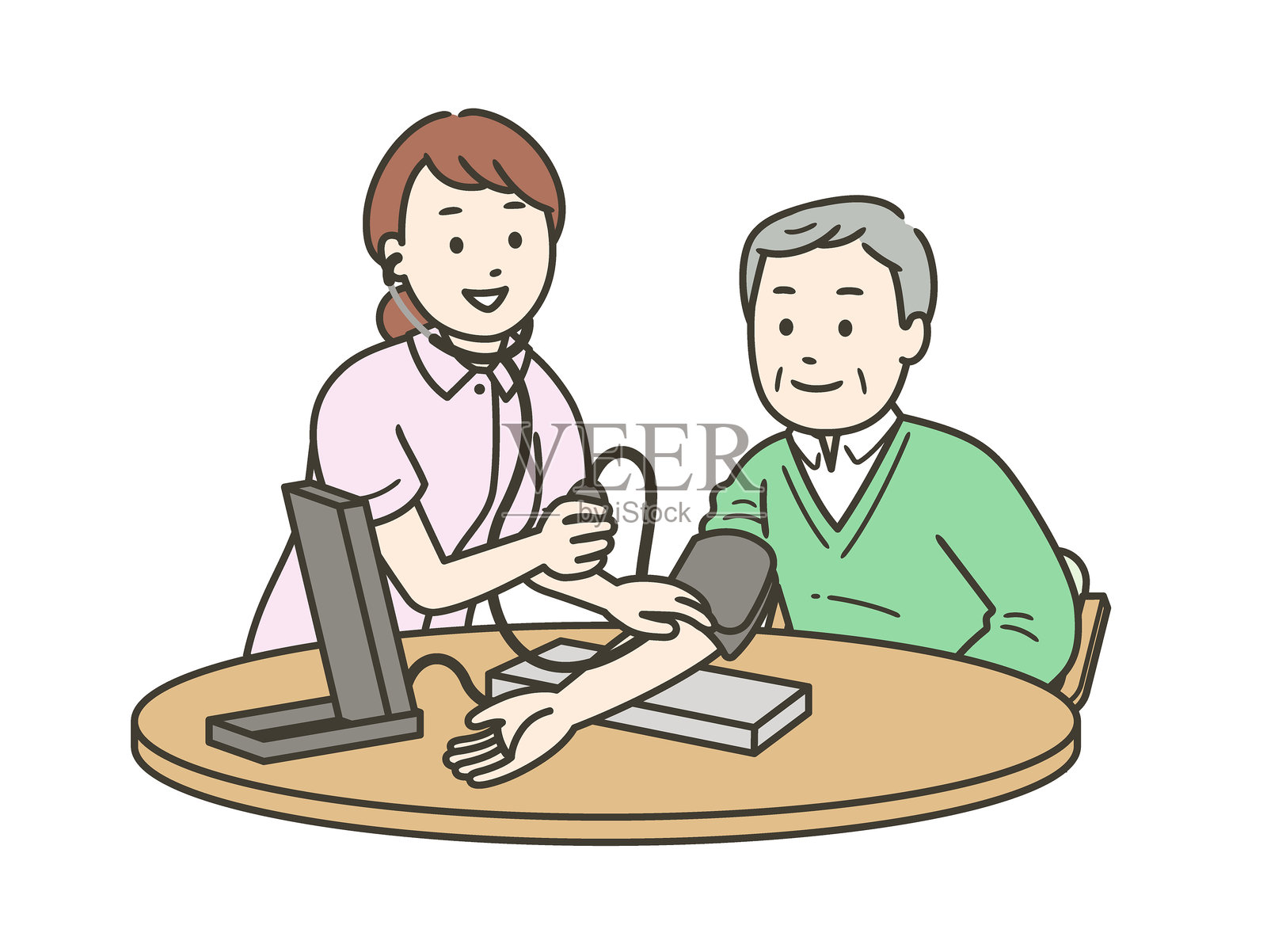 微笑的护士正在用血压计为一位老年男性测量血压，半身插图插画图片素材