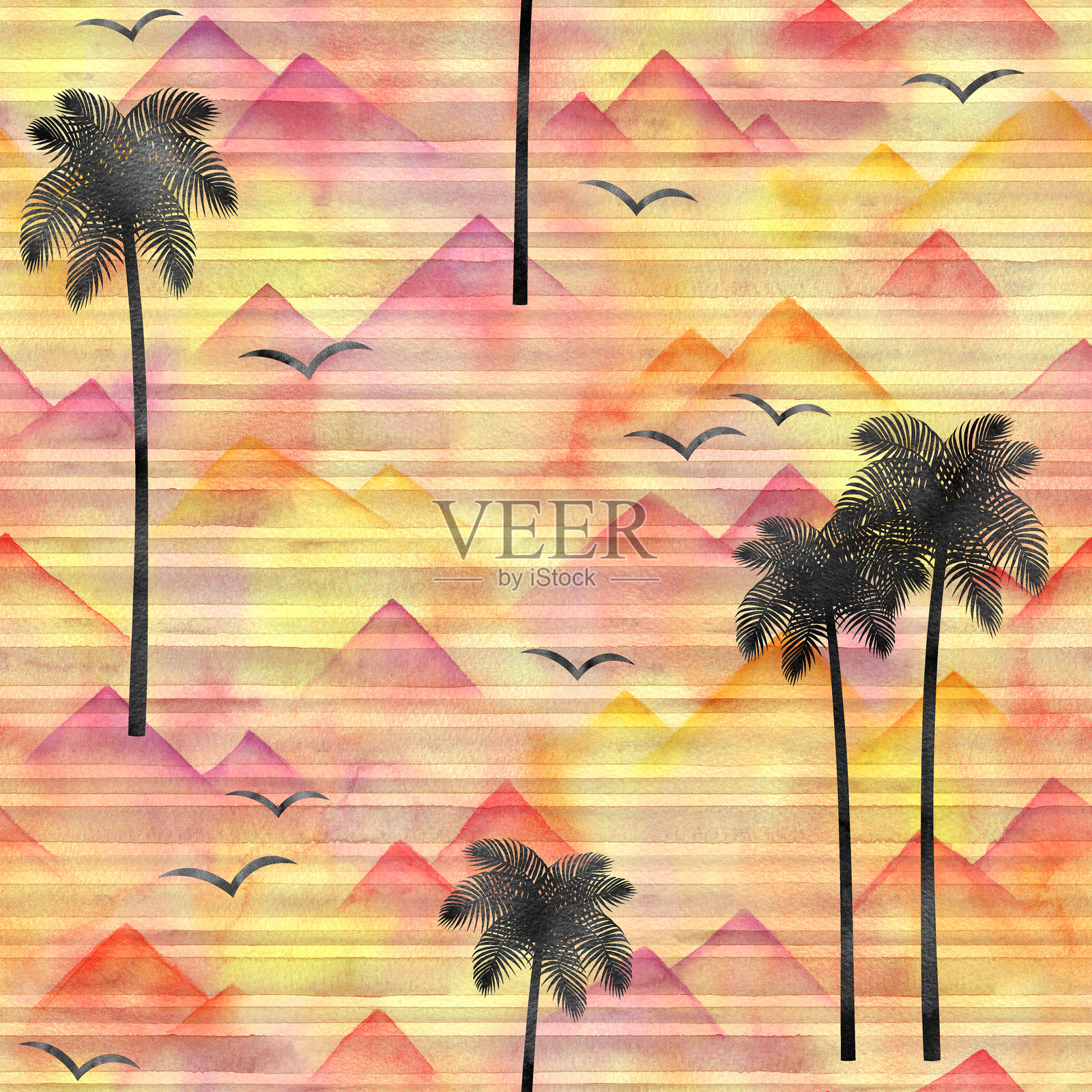 水彩无缝图案，背景为日落色彩的棕榈树插画图片素材