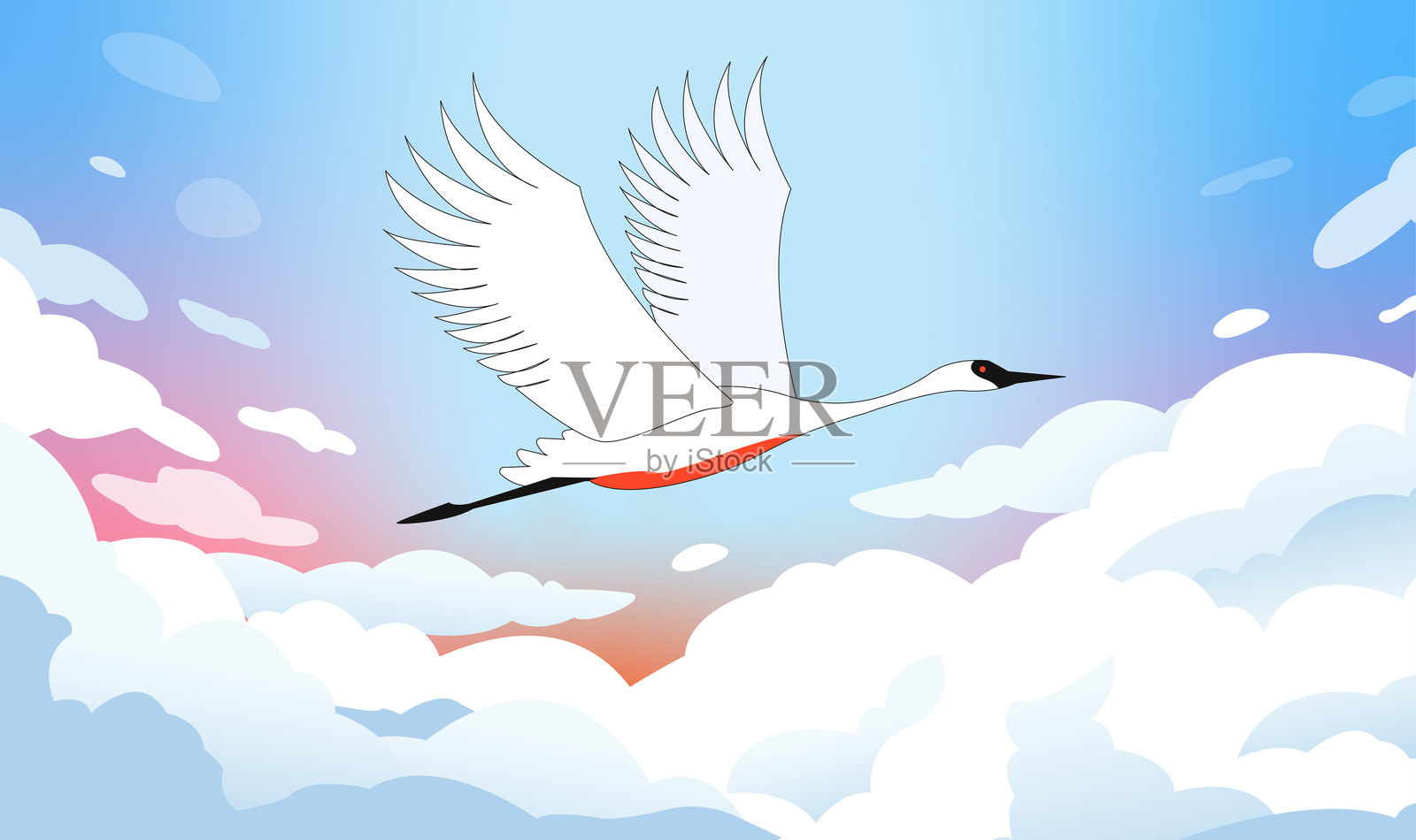 非常美丽的蓝天和云朵。天空中一只鹤在飞翔。鸟在飞翔。矢量图形。插画图片素材