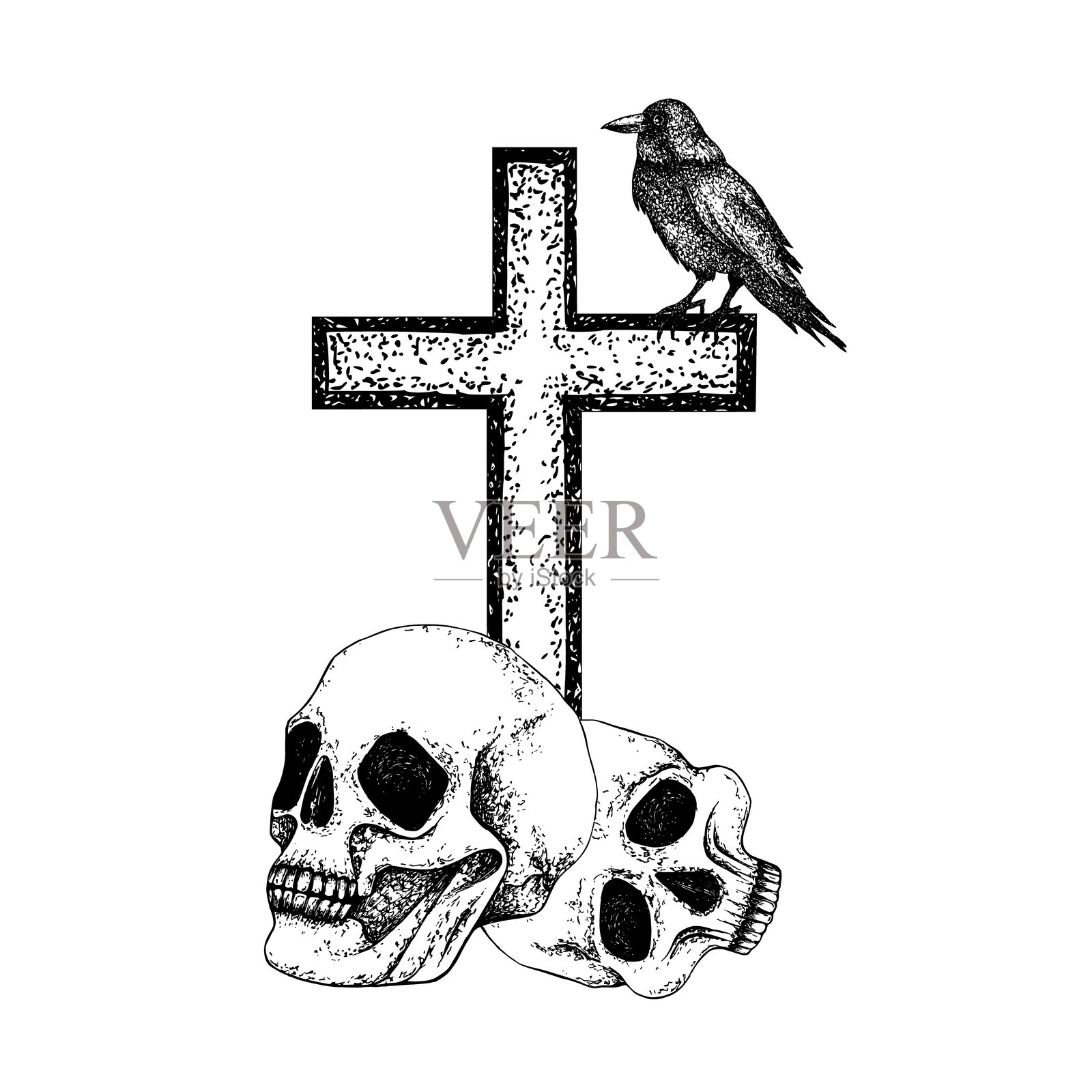 骷髅、十字架、乌鸦。黑白图形插图，带有渡鸦，适用于万圣节、亡灵节、神秘概念的哥特式构图。明线艺术适合明信片、海报、标志、纺织品、文具。插画图片素材