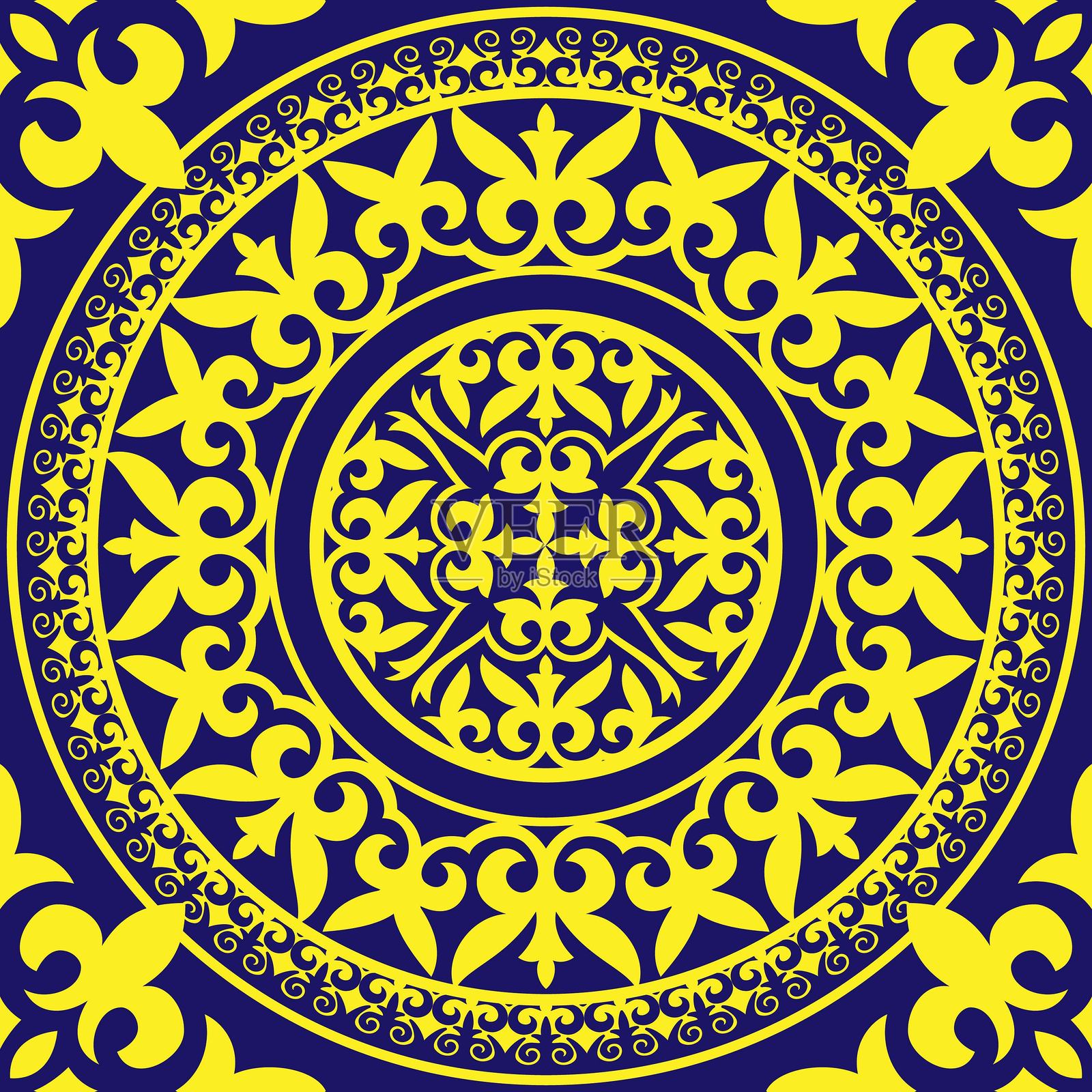奢华的蓝色和黄色东方无缝方形图案，带有装饰性的圆形达玛斯克花纹、阿拉伯式图案和复古风格的花卉元素。方形瓷砖。适用于陶瓷、瓷器、刺绣、激光。插画图片素材