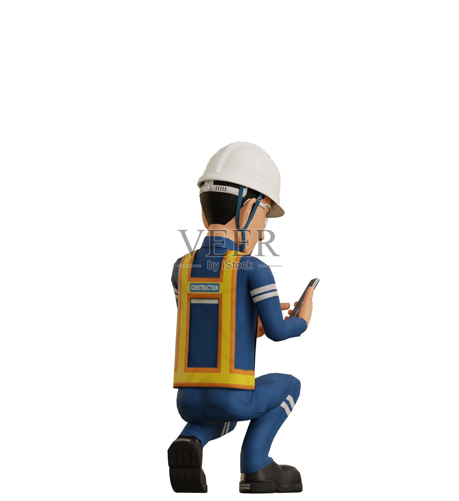 孤立的工业工人在透明背景上使用手机照片摄影图片