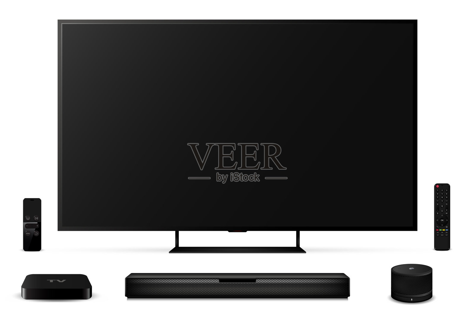 逼真的OLED电视屏幕，配有遥控器、音响条、机顶盒和智能音箱，背景为白色。插画图片素材