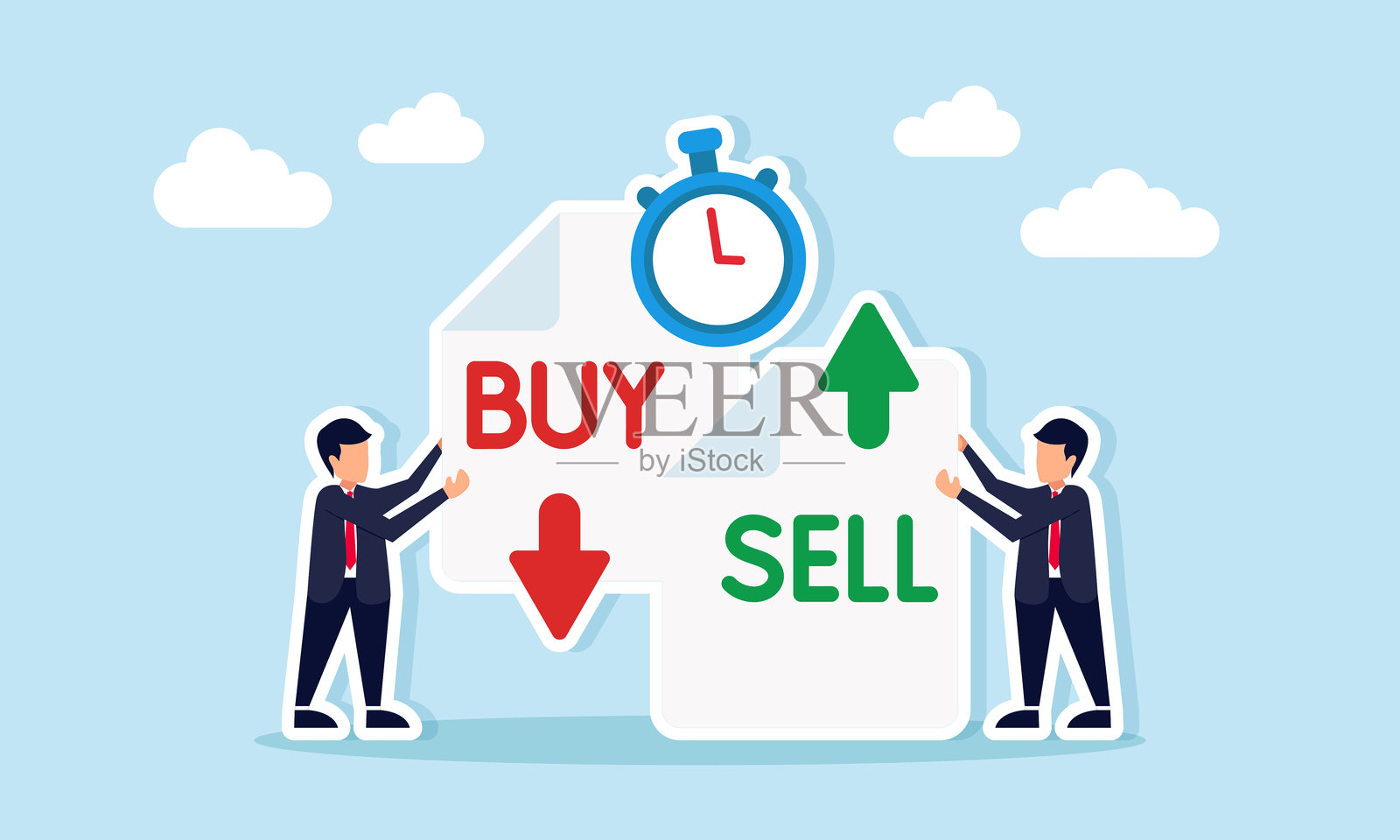 两位商人手持买卖文件，中间放着一个秒表，象征着交易的最佳时机。插画图片素材