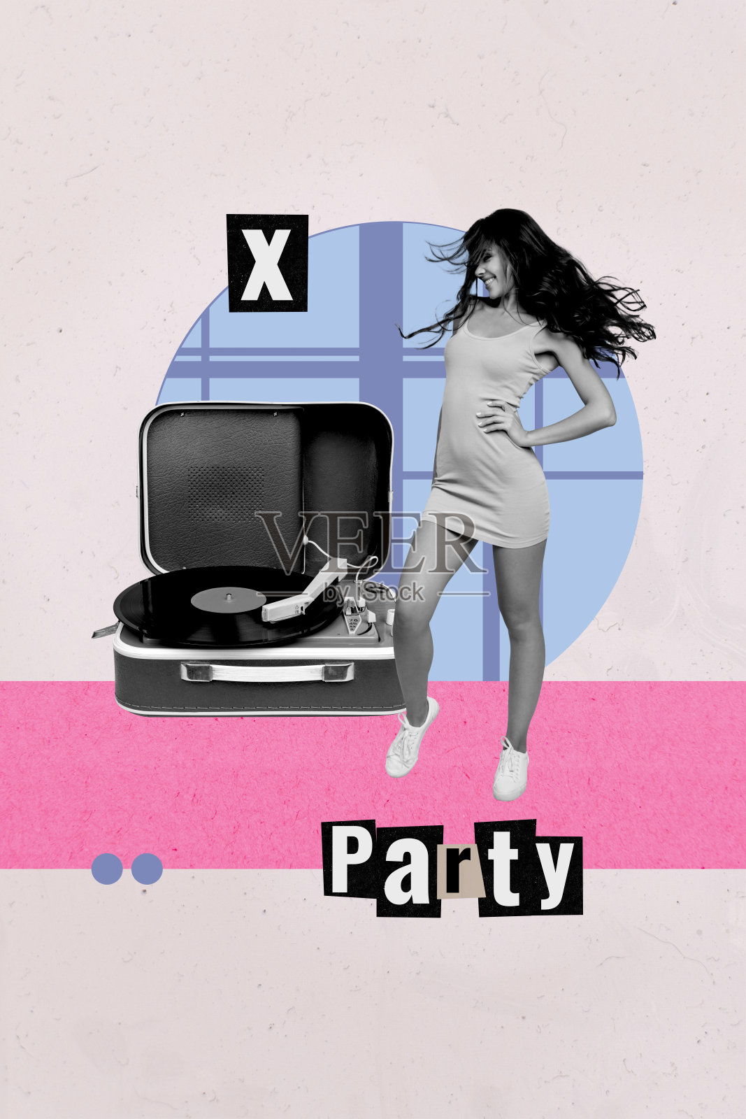 创意艺术拼贴，人物站在灰色背景的留声机派对旁边照片摄影图片