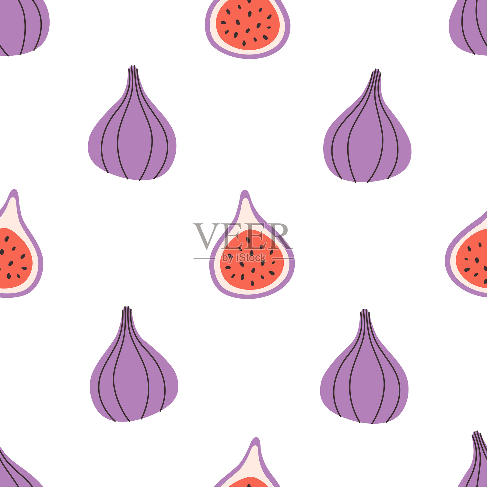 可爱的无缝无花果图案。适用于横幅、壁纸、纺织品、包装纸、背景和卡片。平面风格的矢量插图。插画图片素材