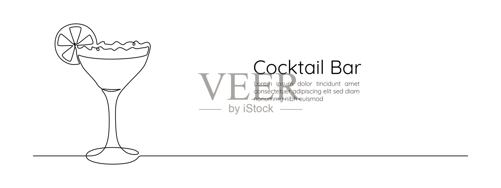 连续一笔画的鸡尾酒杯。简单线条风格的玛格丽塔和饮料吧。可编辑线条的酒精饮品菜单。涂鸦轮廓矢量插图。插画图片素材