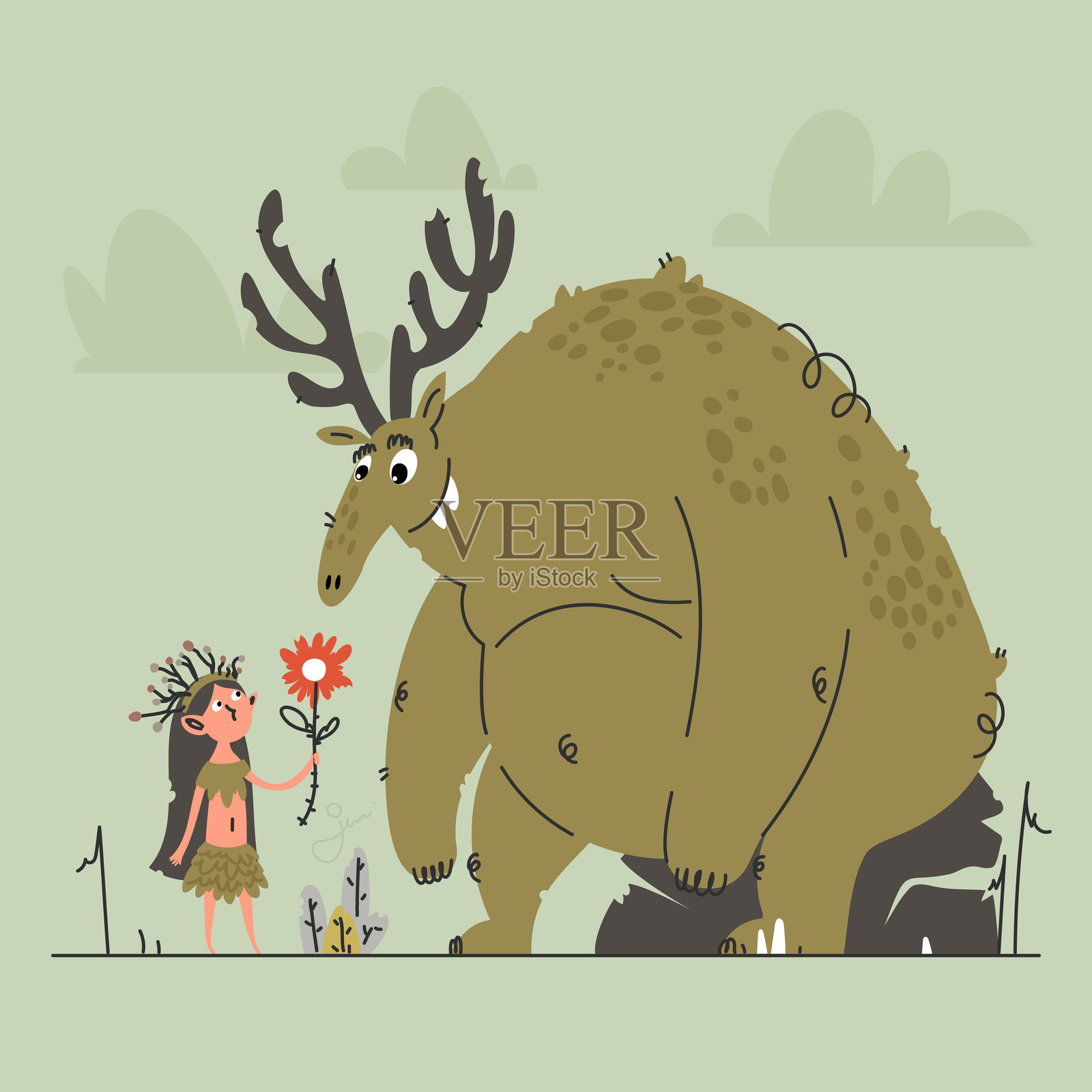 善良的馈赠。小女孩把花送给一位温柔的巨人，巨人有着鹿角。插画图片素材