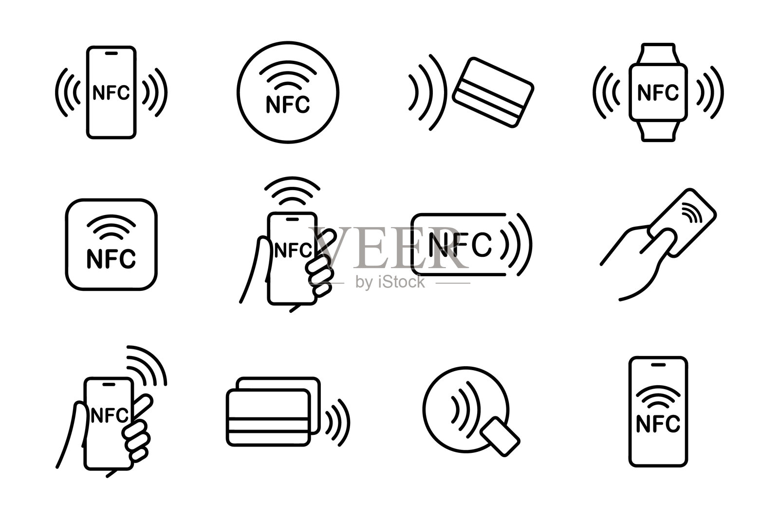 NFC图标集。非接触式无线支付标志logo。用于应用程序的NFC支付图标。非接触式NFC支付标志。智能手机NFC支付图标。矢量插图。插画图片素材