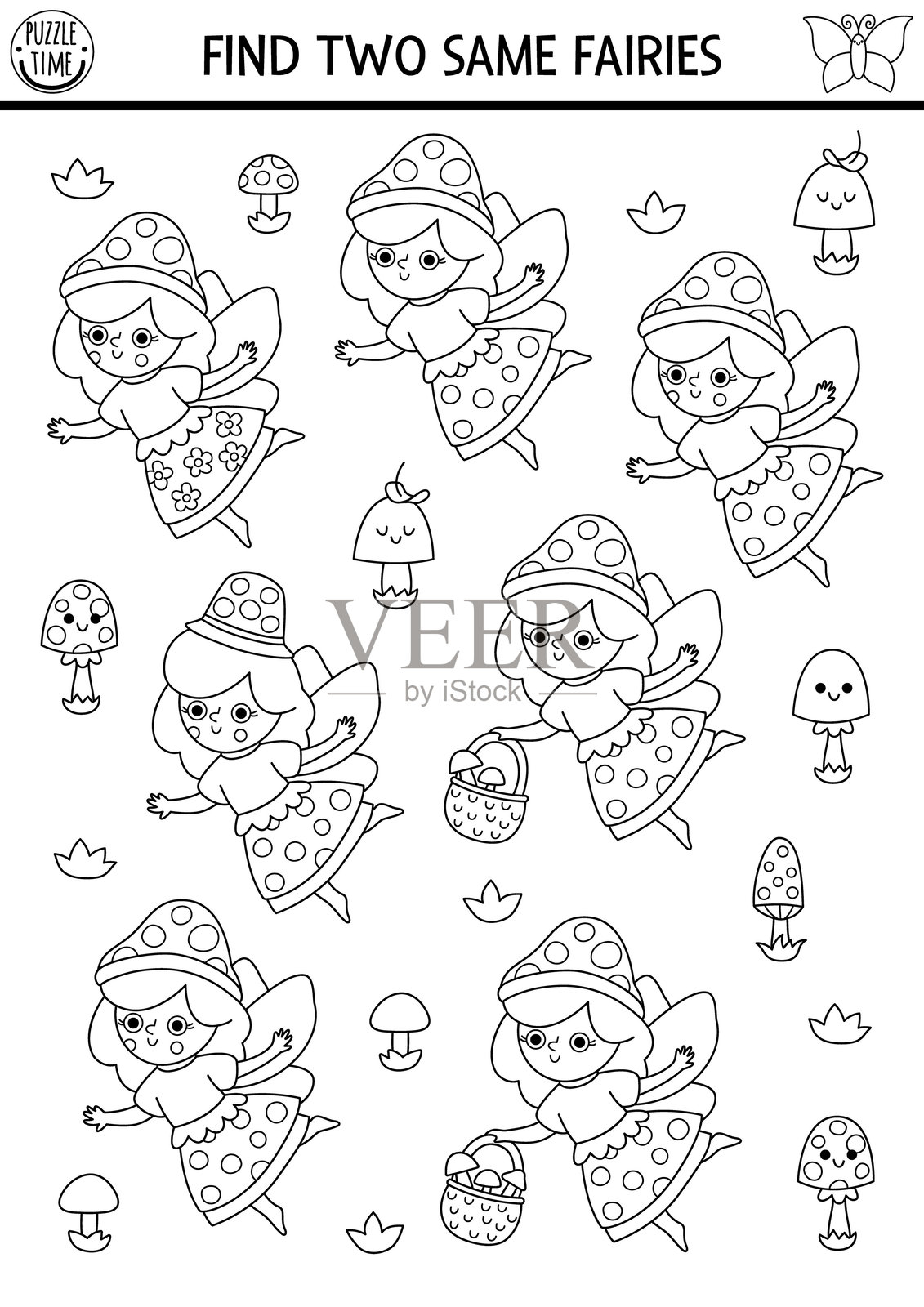寻找两个相同的蘑菇仙子。仙境黑白配对活动，儿童涂色页。魔法花园或森林教育测验工作表。可打印的可爱女孩游戏。插画图片素材