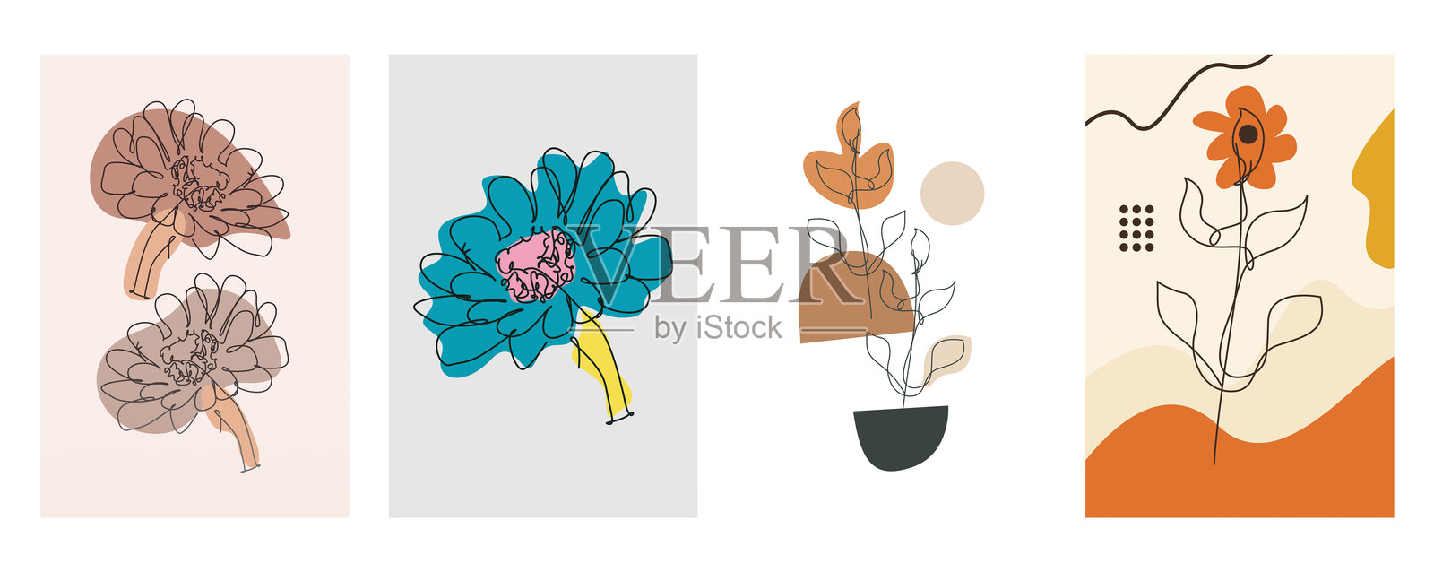 波西米亚风格的花卉线条艺术与抽象形状  极简植物插图插画图片素材