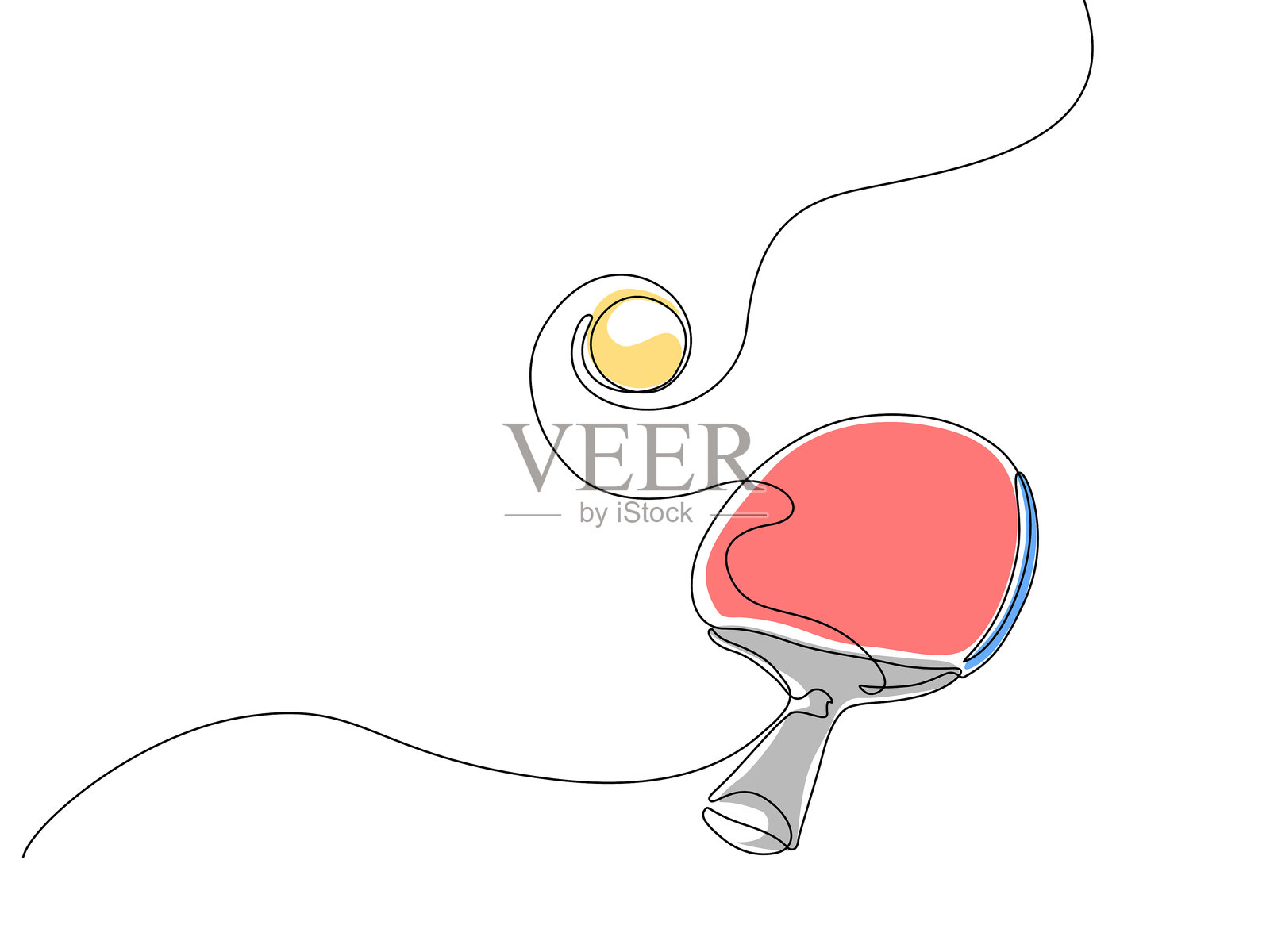 极简风格的连续一笔画乒乓球拍和球插画图片素材