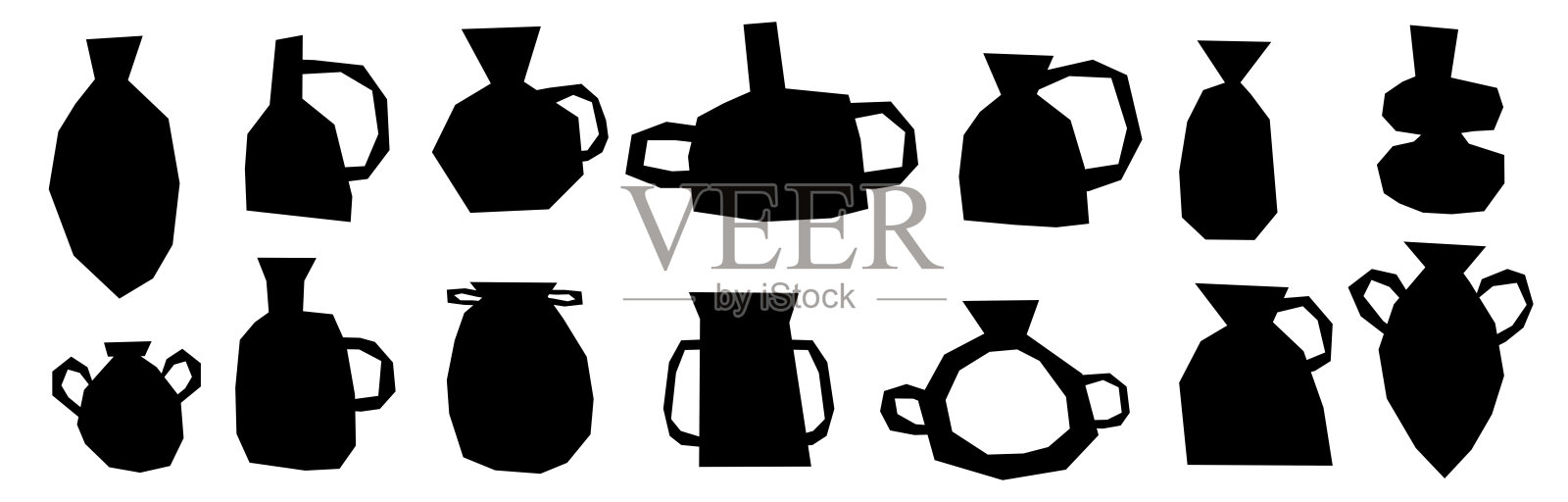 古波希米亚风格的陶瓷花瓶，陶艺有机花瓶。矢量图集：古老的轮廓罐、壶和 urns。插画图片素材