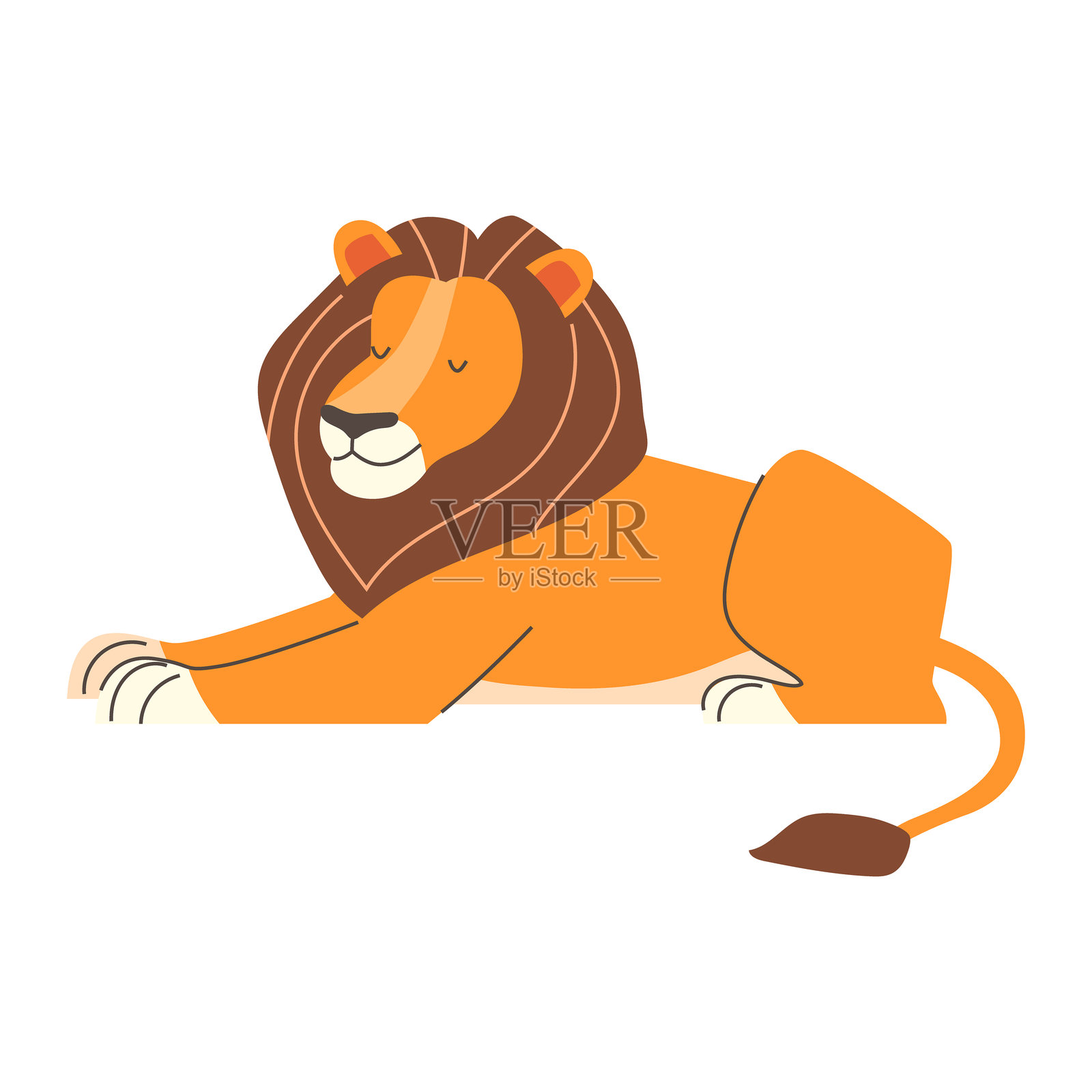 躺着休息的卡通狮子。浅色背景上的扁平风格插图。插画图片素材