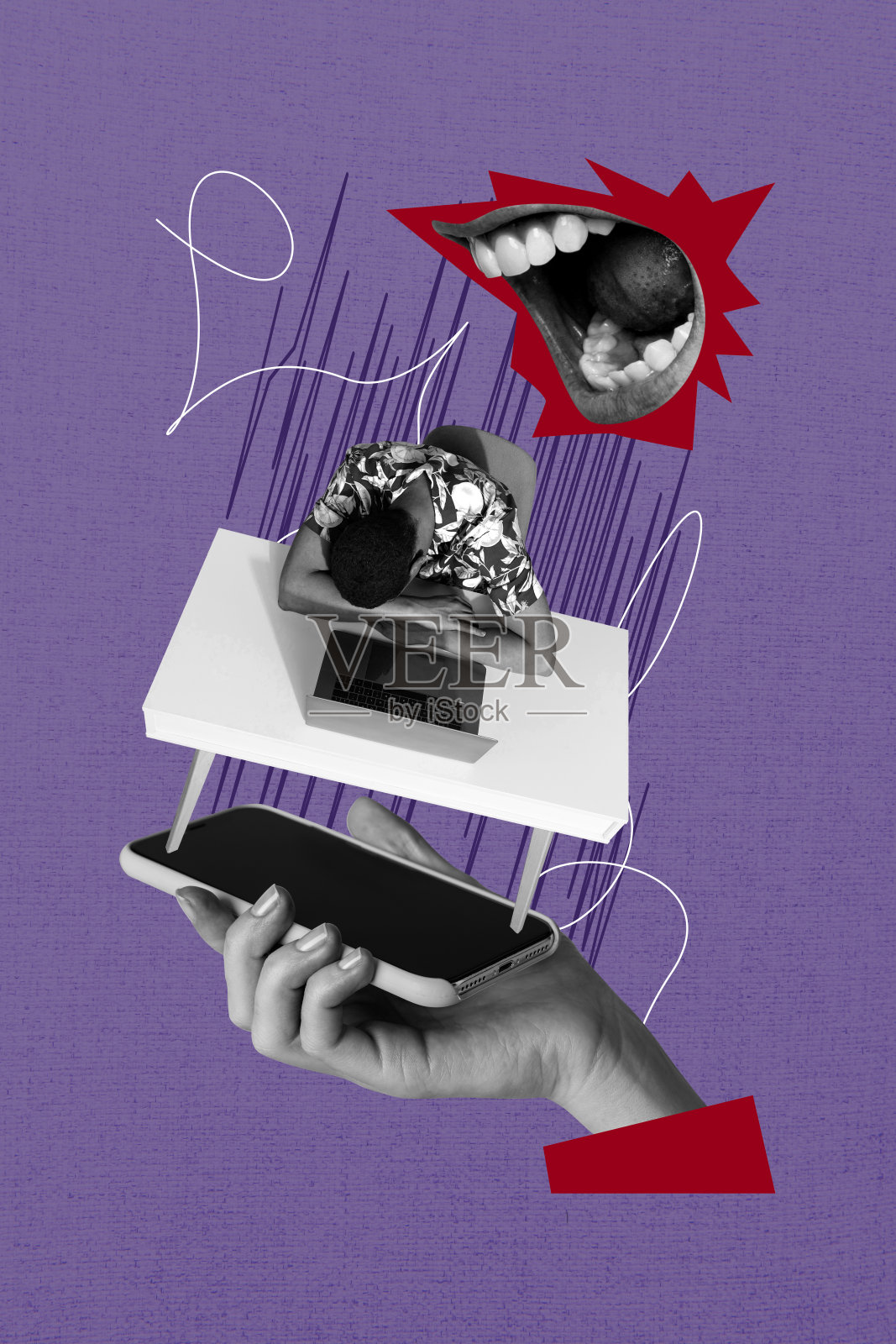紫色背景工作空间的艺术拼贴，年轻男子因远程工作而感到疲惫，手持笔记本电脑和智能手机，坐在桌子旁，嘴里大喊。照片摄影图片